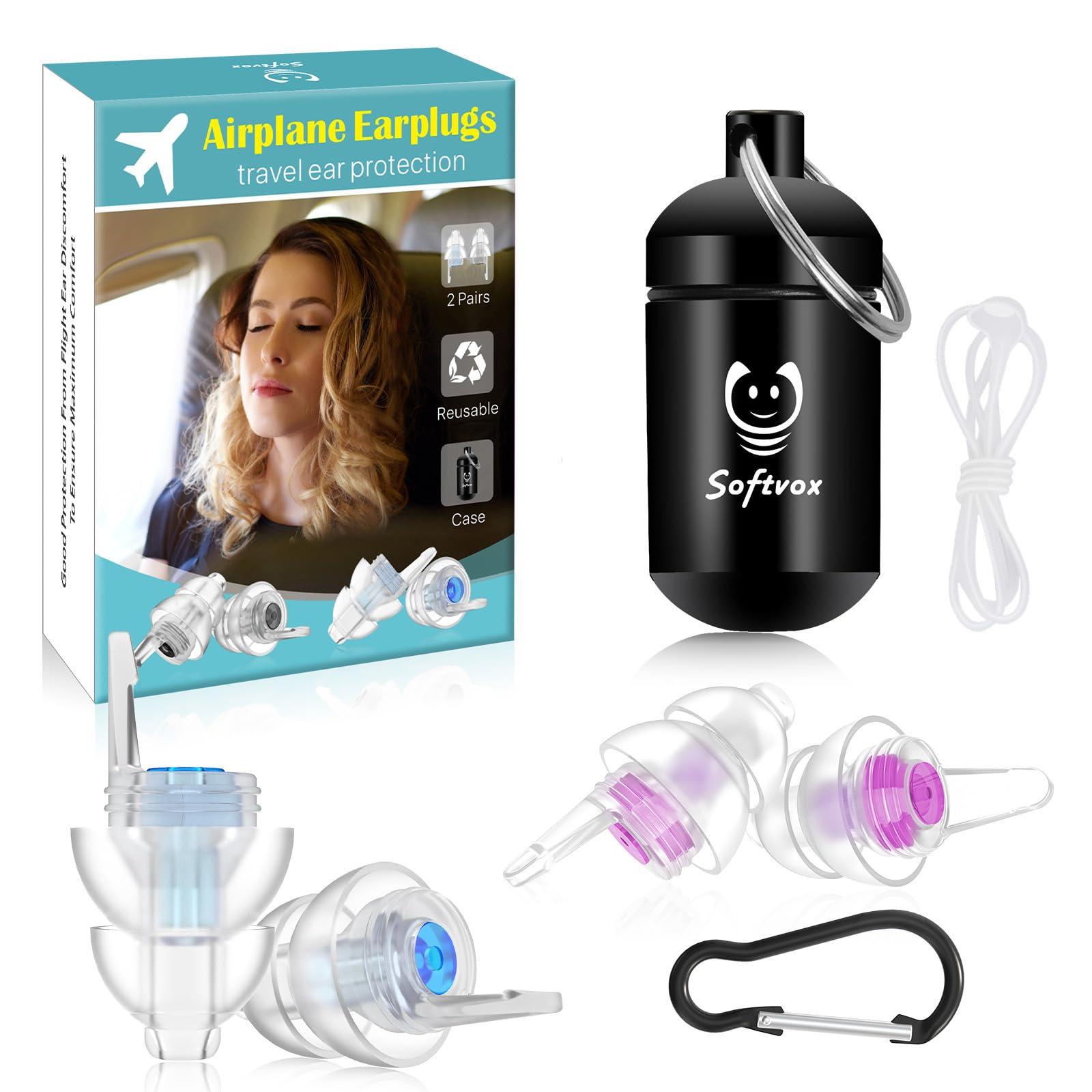 Bouchons d'oreilles en avion avec cordon pour soulager la douleur aux oreilles et la réduction du bruit, écouteurs d'égalisation de pression essentiels pour les voyages en avion, 100 bouchons