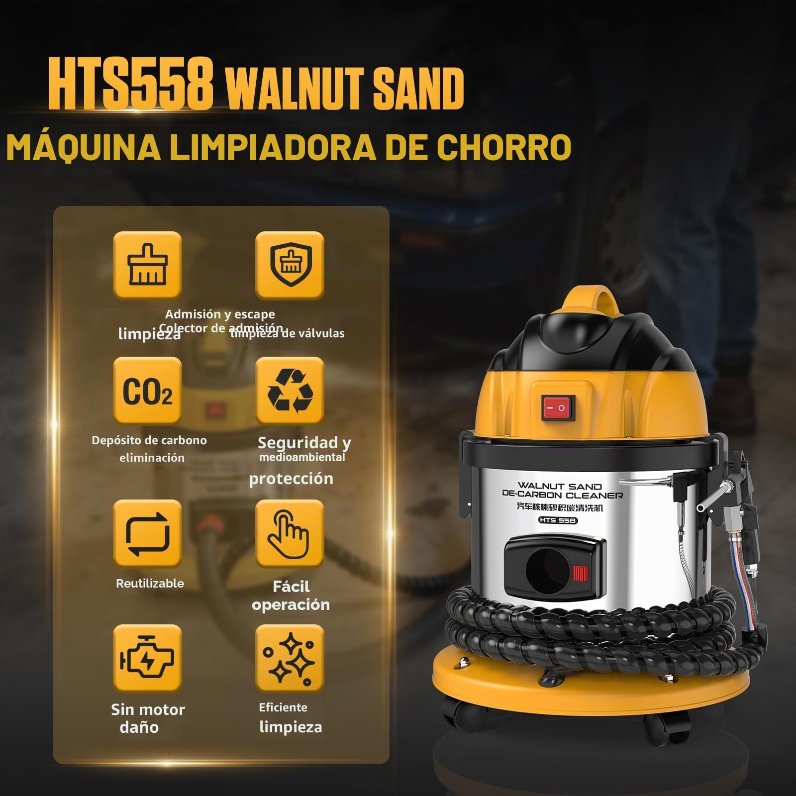 Máquina de chorro de arena de nuez HTS558, Eliminación de carbono en motor para reducir consumo de combustible, limpieza de válvulas de admisión - Incluye 5 adaptadores y 2 kg de arena de nuez