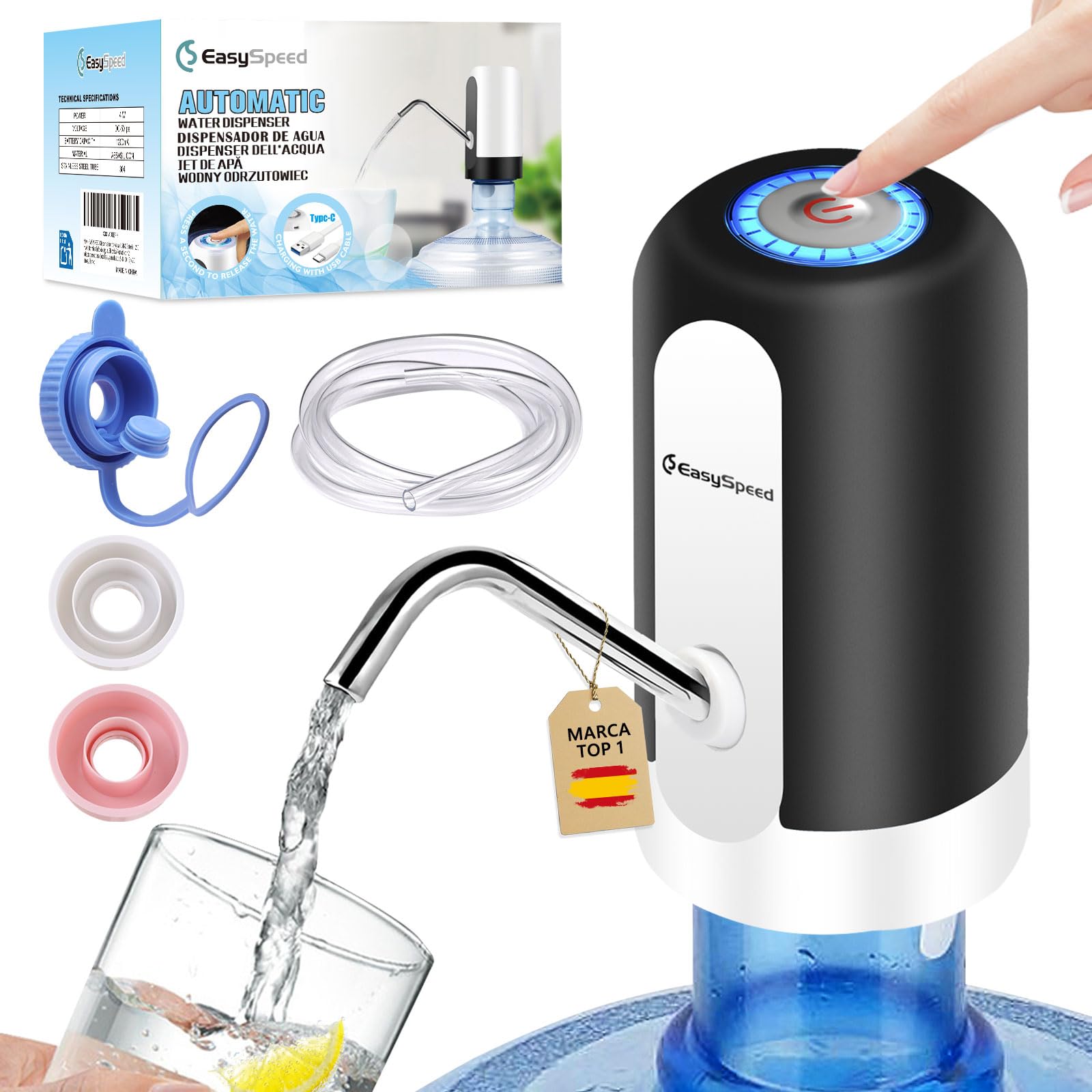 Water Dispenser for 5 Gallon Bottle Portable Electric Water Pump with 3 Adapters USB-C Charging Battery Powered Automatic Drinking Water Dispenser for Camping, Travel, Office,Black