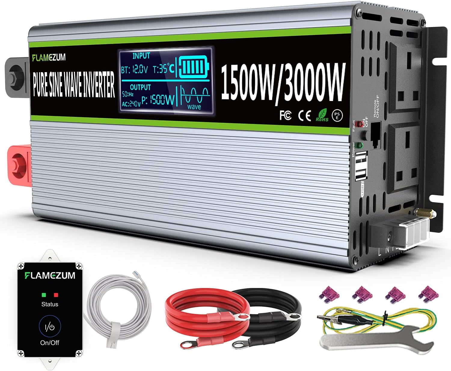 FLAMEZUM Pure Sine Wave Power Inverter 1500 Watt Inverter 12V DC to 240V AC Converter with 4.5 Meter Remote Control -2 AC Outlets Car Inverter with 2 USB Port for RV Truck Car