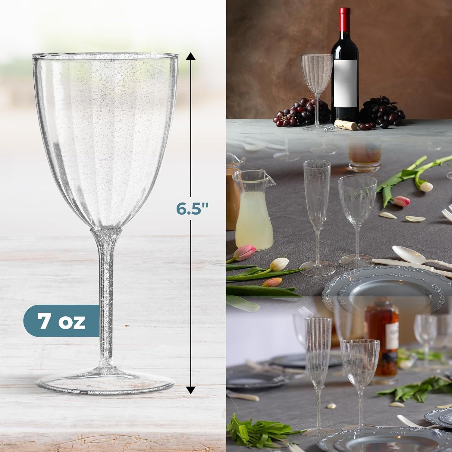 Decor Decorline - 96 Weingläser Kelch mit Stiel aus Premium-Kunststoff mit Silberglitter Wiederverwendbar Cocktailgläser für Hochzeiten & Partys, 200ml - Mehrweg & Stabil