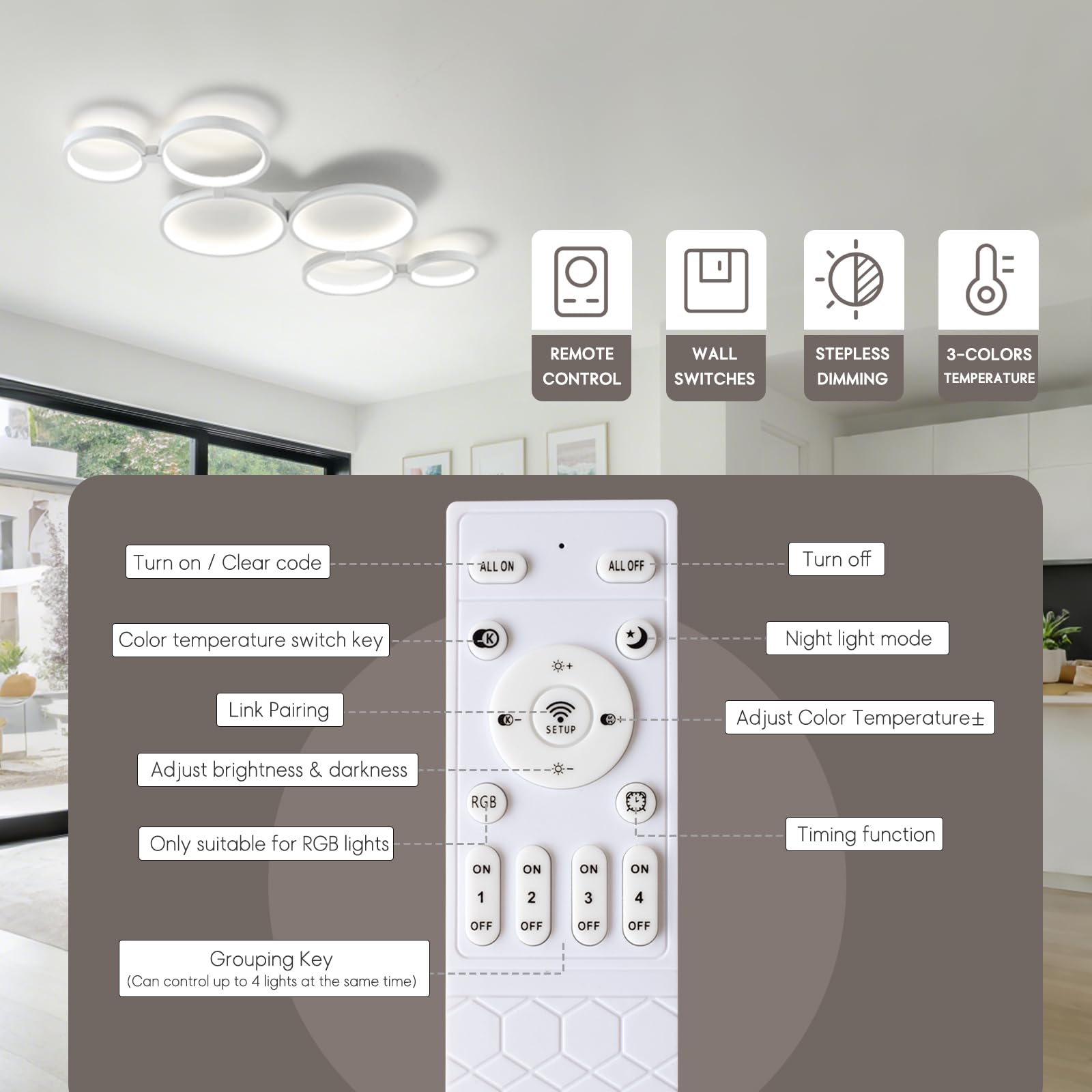 95 cm Lampadario Led Soffitto Moderni 6 Anelli Soggiorno, Dimmable Moderno Plafoniera Led Soffitto Camera Da Letto, 3000K-6500K Luce Funzione Di Memoria, Nessuno Sfarfallio, Timer(Bianco)
