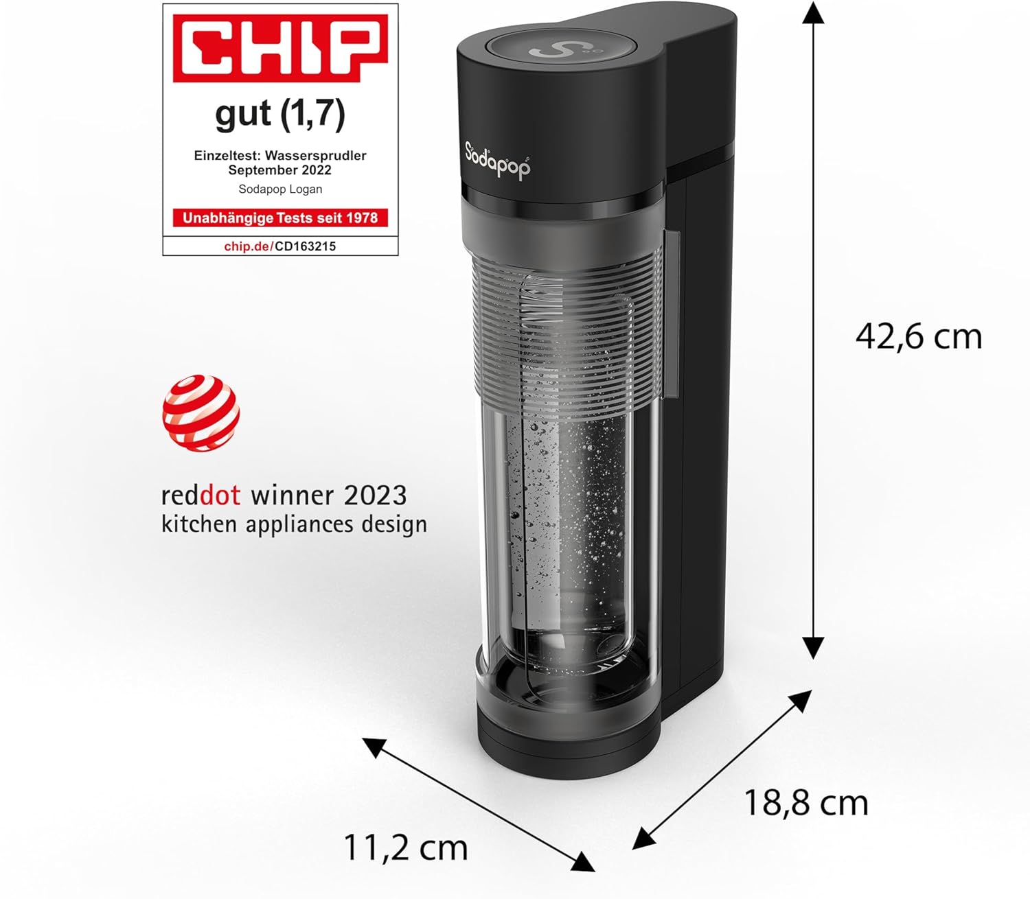Sodapop Logan carbonating machine, with 2 glass bottles (850 and 600 ml) and 1 PET bottle (850 ml), matt black, height 42.7 cm, without CO₂ cylinder