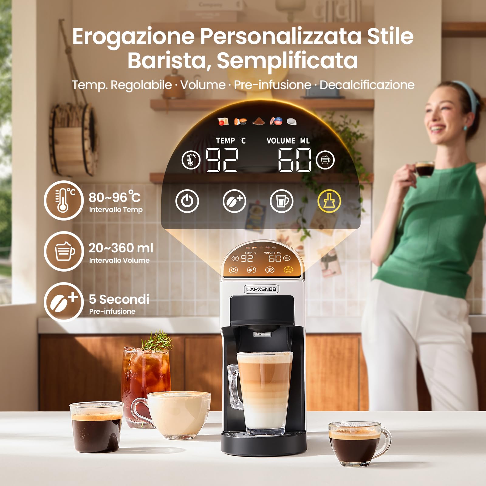 Magician2 Macchina da Caffè a Cialde e Capsule 5 in 1 per Casa e Ufficio | Adatto per ESE 44mm, Nespresso, Dolce Gusto, A Modo Mio, Macinato - Auto-Lock, TouchLED, Volume/Temp Regolabili, Preinfusione