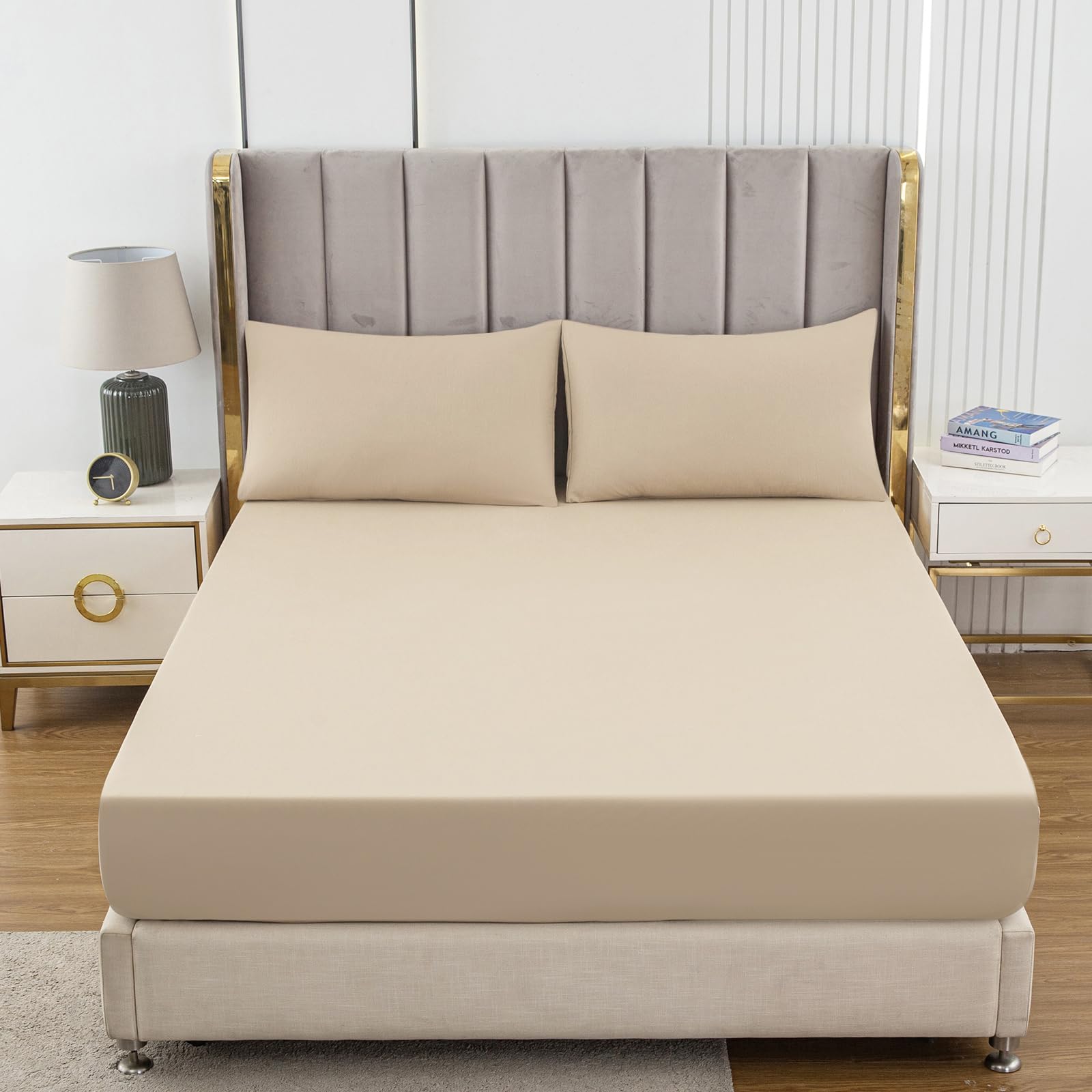 Soifox King Size Fitted Sheet Warm Beige - Bed Sheets with Extra Deep Pocket 16 inch (40 cm), Soft Microfiber Bottom Sheet for Kingsize Bed, 150x200cm — image 1