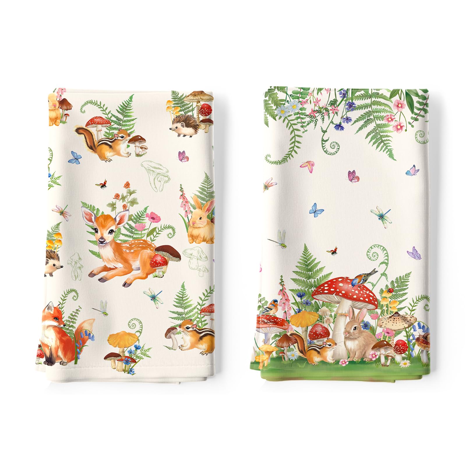 Arquiel Mushroom Deer Tea Towels 100% Cotton Quick Dry Retro Rabbit Kitchen Towels, 48 x 70 cm Absorbent Dish Cloth for Kitchen Home Decor, Housewarming, Birthday Gifts for Women, Set of 2 — image 1