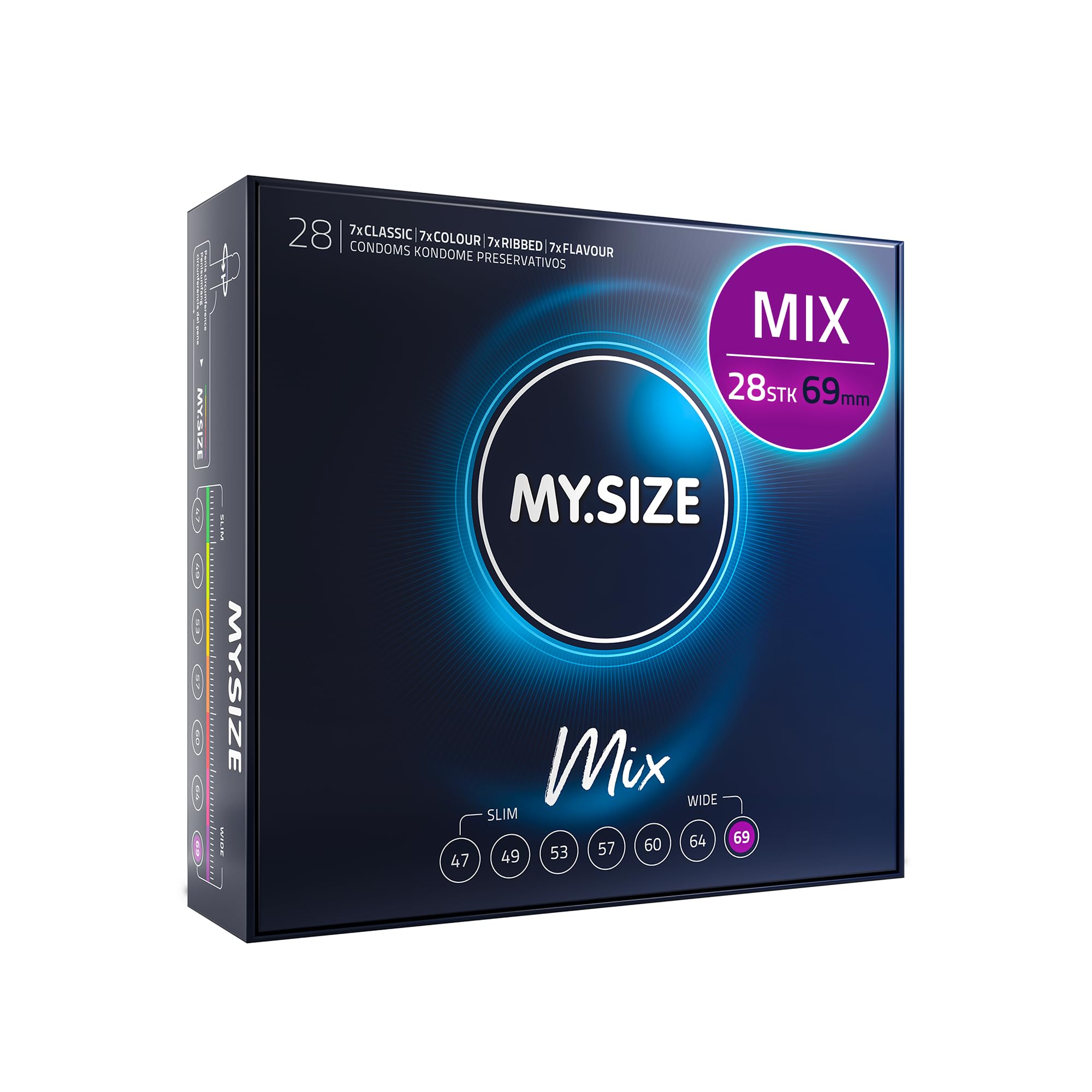 MY.SIZE Mix Premium Kondome Größe 7, 69 mm – 28 Stück | 4 Varianten: Classic, Genoppt, Blau & Rot | Großpackung