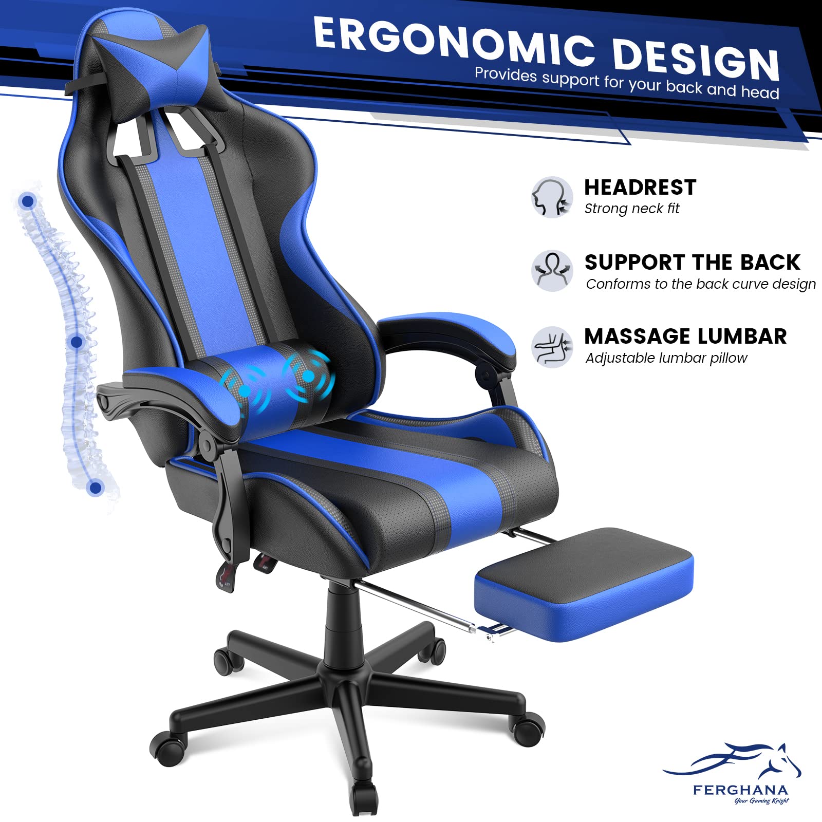 Ferghana Ergonomiczne krzesło do gier z masażem wyścigowym Fotel dla graczy i podnóżek Krzesła do gier Biuro Gaming Fotel Gamer Gamer z zagłówkiem Fotel do gier Reclinable Szary