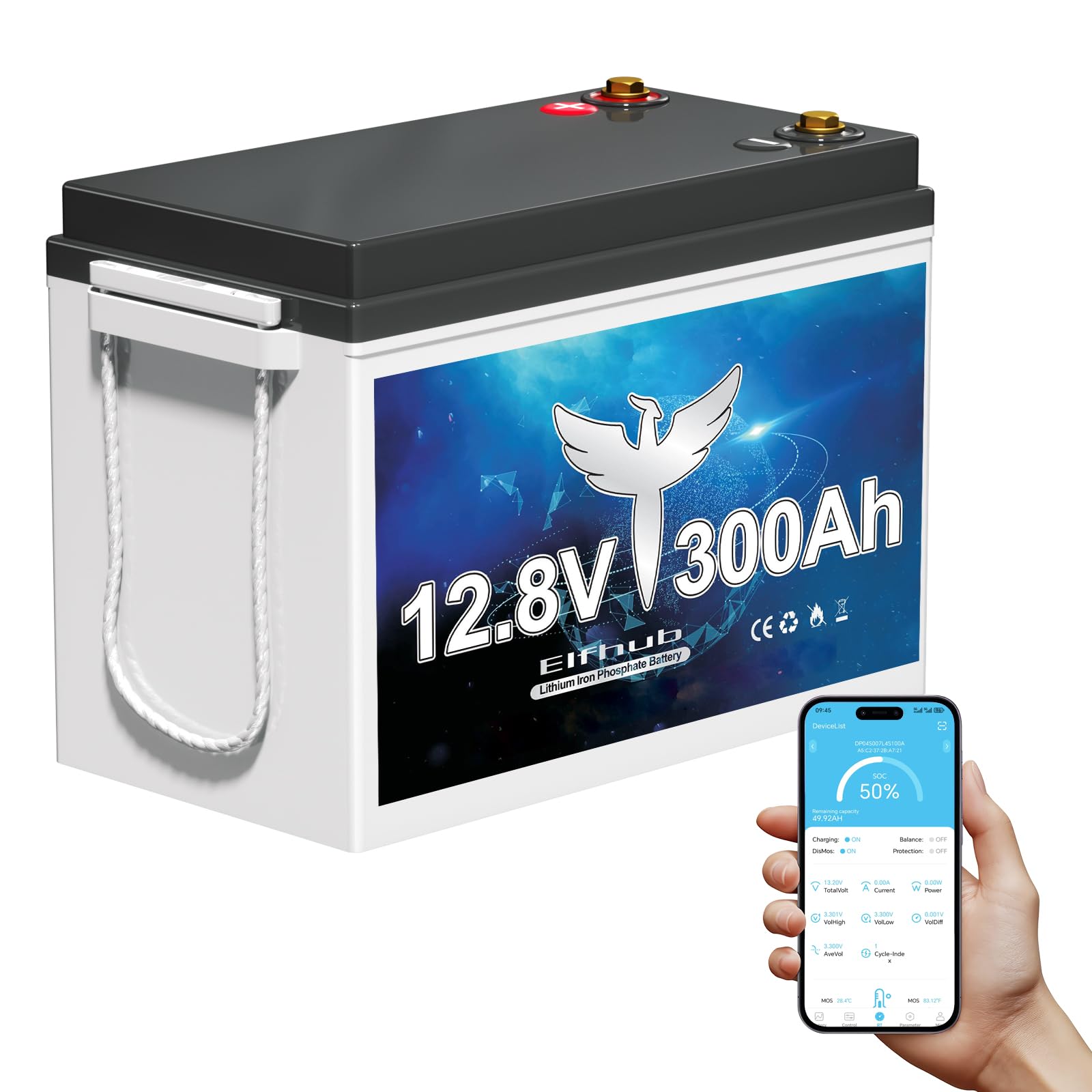 12V 300Ah LiFePO4 Lithium Battery with 3840Wh Energy, Built-in 200A BMS, Max 2560W Load Power, 10 Years Lifetime Up to 15000 Cycles, Perfect for RV Camping Solar Energy Storage Marine Trolling Motor