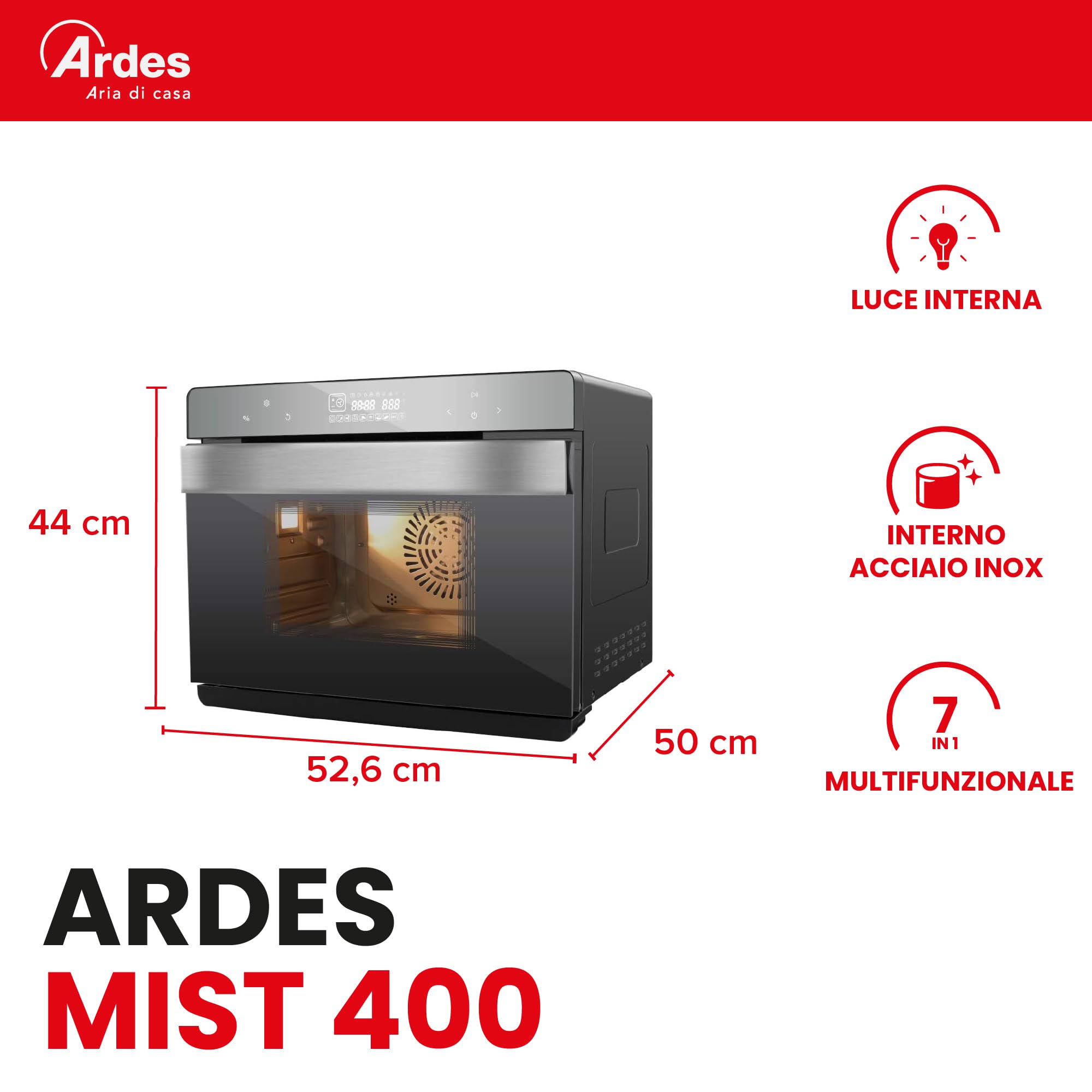ARDES - AR6440VD Four électrique ventilé Capacité de 31 litres avec lumière interne 9 fonctions de cuisson minuterie double vitrage avec accessoires MIST 400, Noir