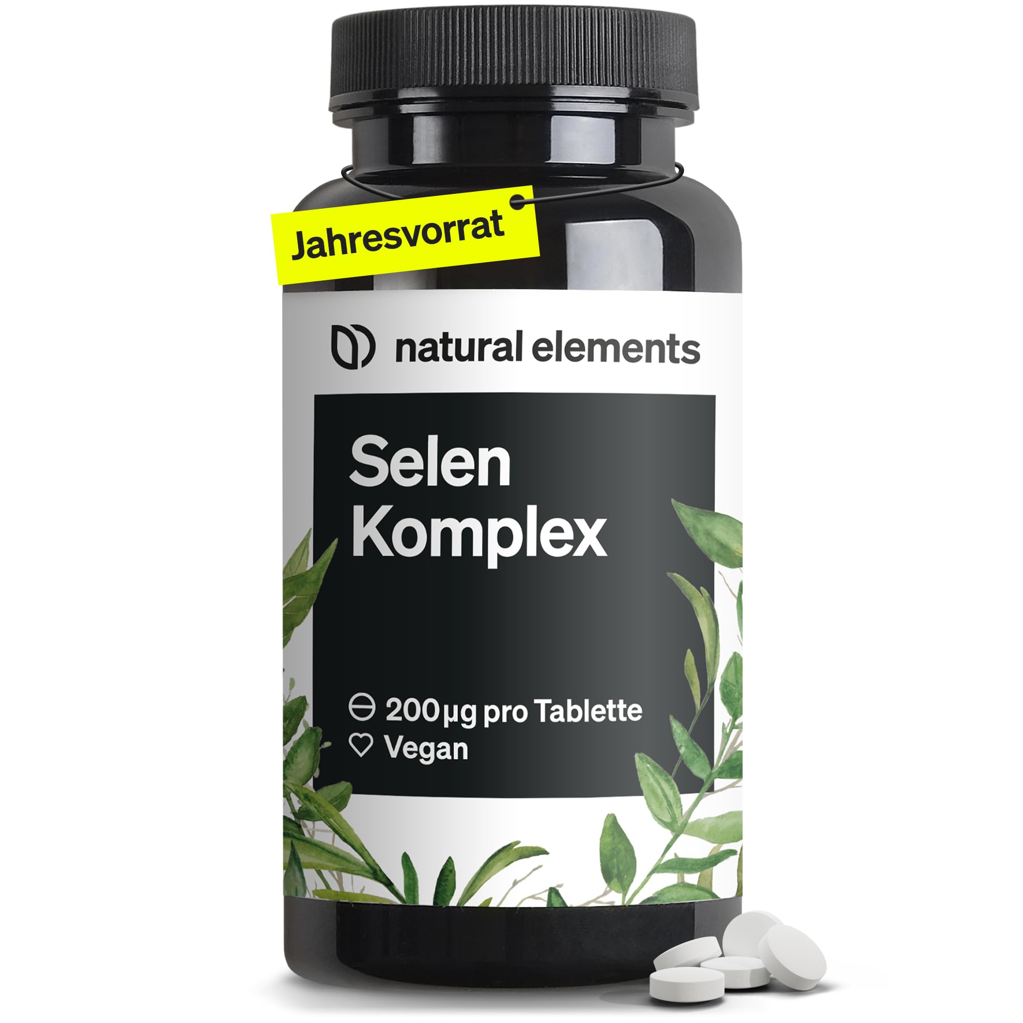 natural elements Selen Komplex – 365 Tabletten mit je 200µg – Komplex aus Natriumselenit und Selenmethionin – vegan, hochdosiert, ohne unnötige Zusätze – in Deutschland produziert & laborgeprüft