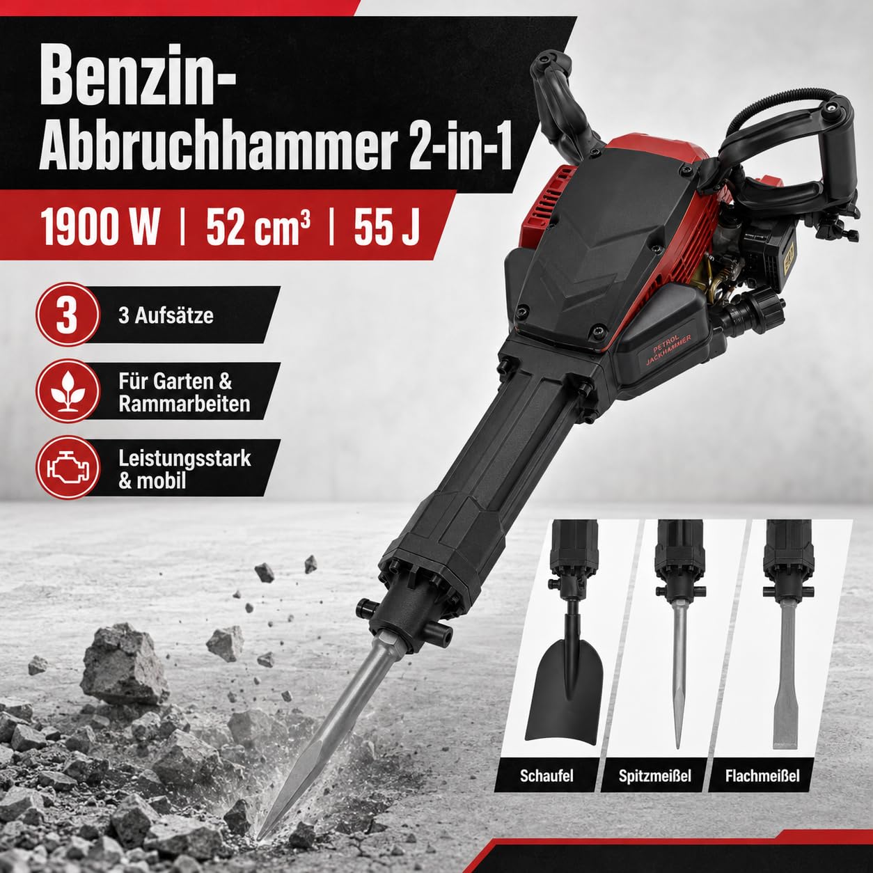 Martillo de demolición de gasolina, con 3 cinceles, pala de gasolina de 2 tiempos | 2 en 1, 1900 W, 52 CC, 55 J, 6500 rpm, cincel plano, herramienta para trabajos forestales