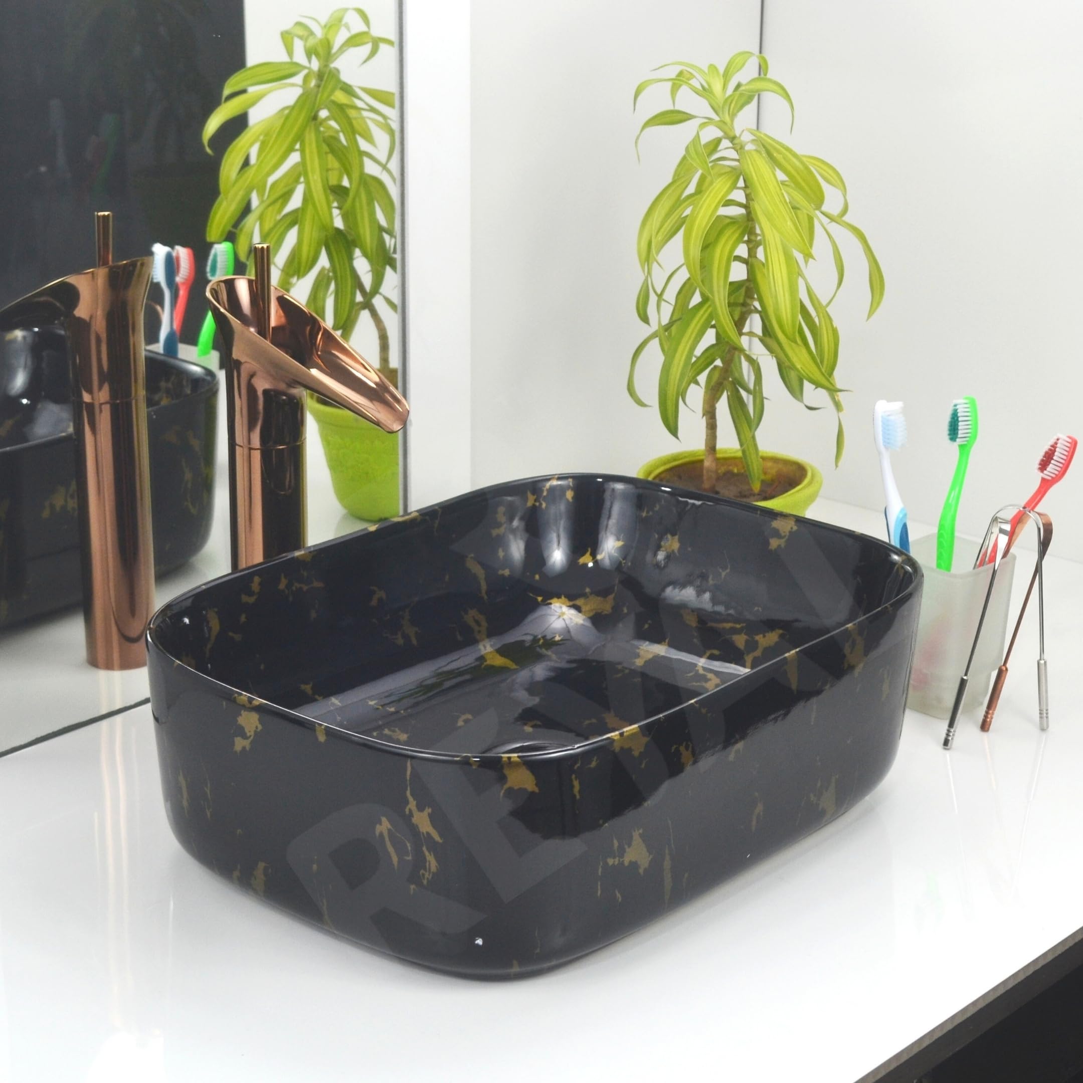 Reyal Marble Wash Basin - Ivory Gold Vessel Sink -9