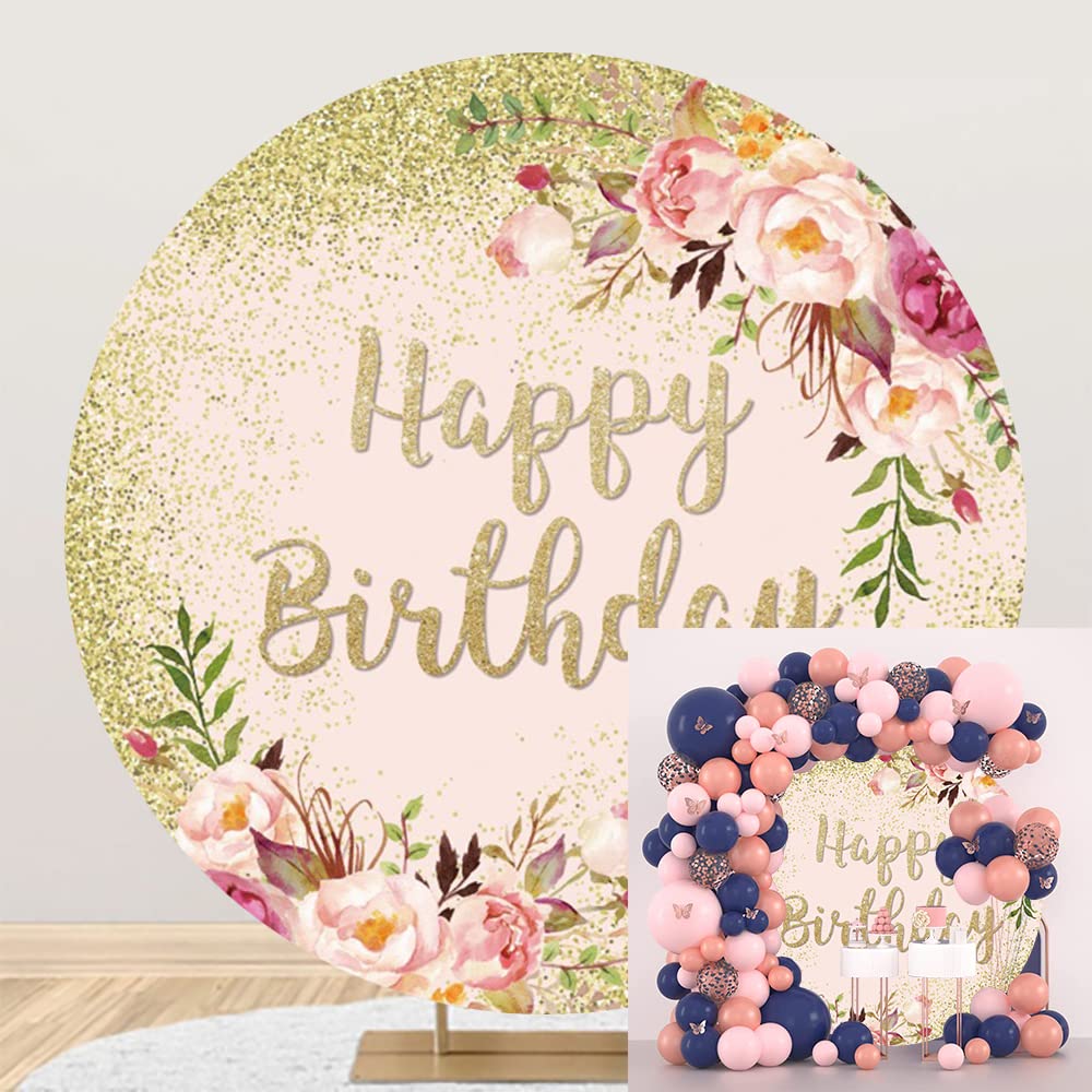 OERJU 7.2x7.2ft Gold Birthday Round Backdrop Cover Pink Rose Flowers Circle Backdrop Girls Women 20th 30th 40th 50th Birthday Party Decoration