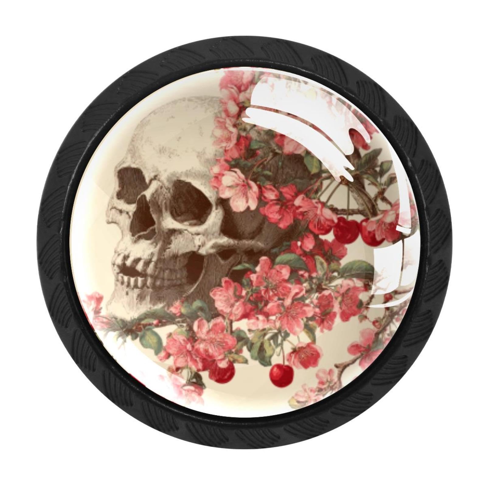 CHENZZZZ 4 Pieces Vintage Skull and Flowers Cherry (7) Drawer Knobs, 35mm Black Kitchen Cabinet Knobs, Drawer Pulls and Knobs, Glass Cabinet Hardware Single Hole Knob for Cabinets and Drawers Round