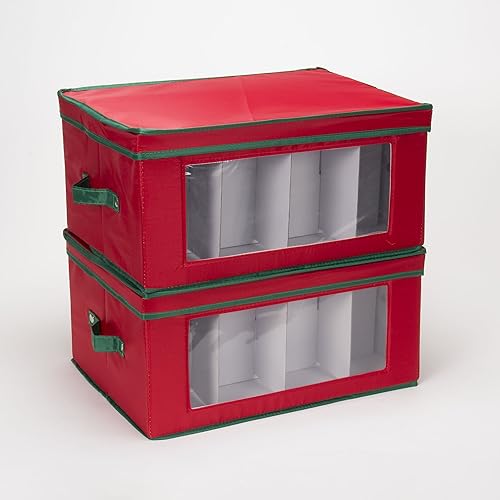 Miniatura 5 de Household Essentials - Caja de almacenamiento de lona con tapa y asas para vajilla de porcelana de fiesta y copones de vino, color rojo con ribetes