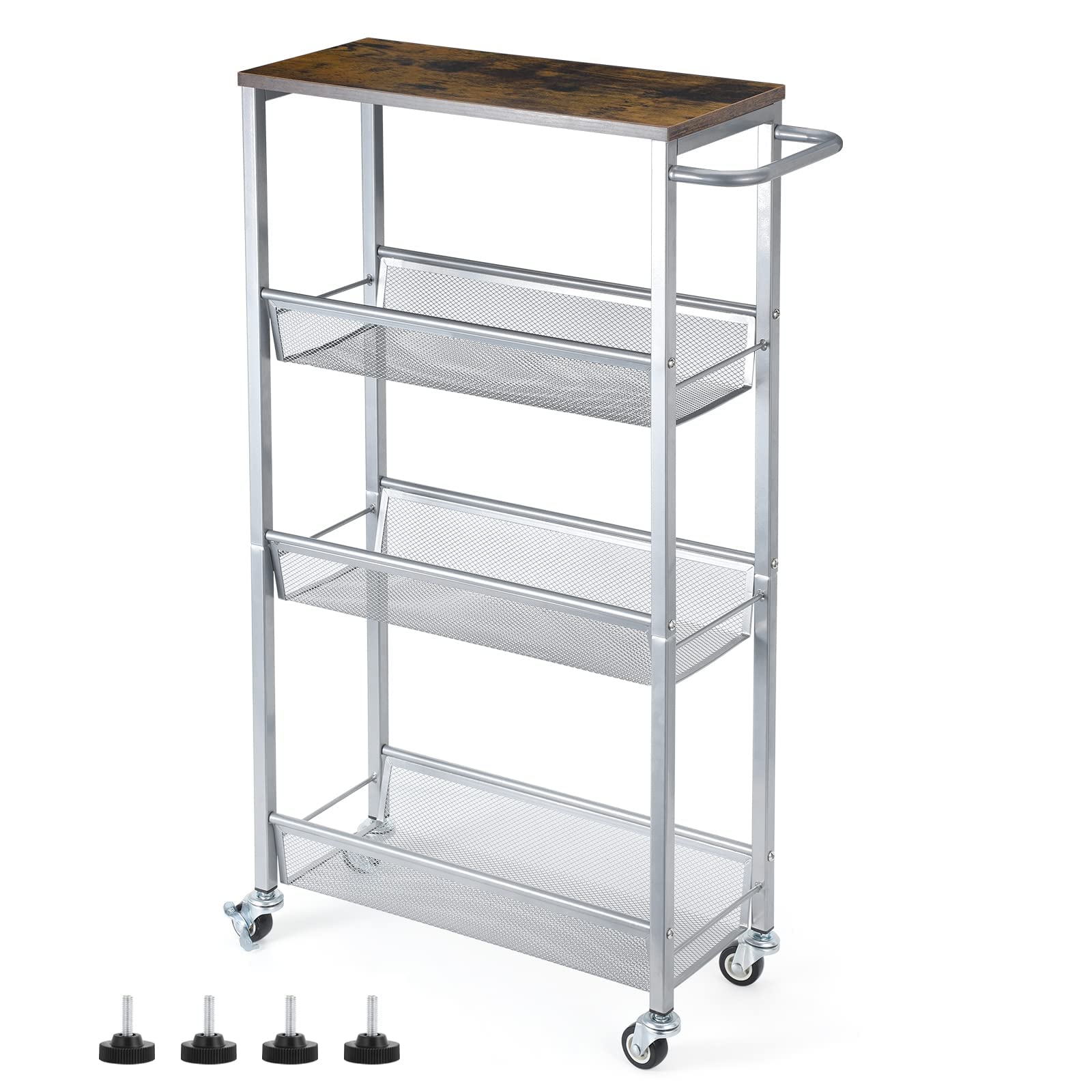 LIANTRAL 4-Tier Storage Trolley Cart, Kitchen Storage Wagon, Rolling Kitchen Shelving Unit on Wheels Mobile Slit Cart with Wooden Tabletop for Bathroom, Laundry Narrow Places, Silver