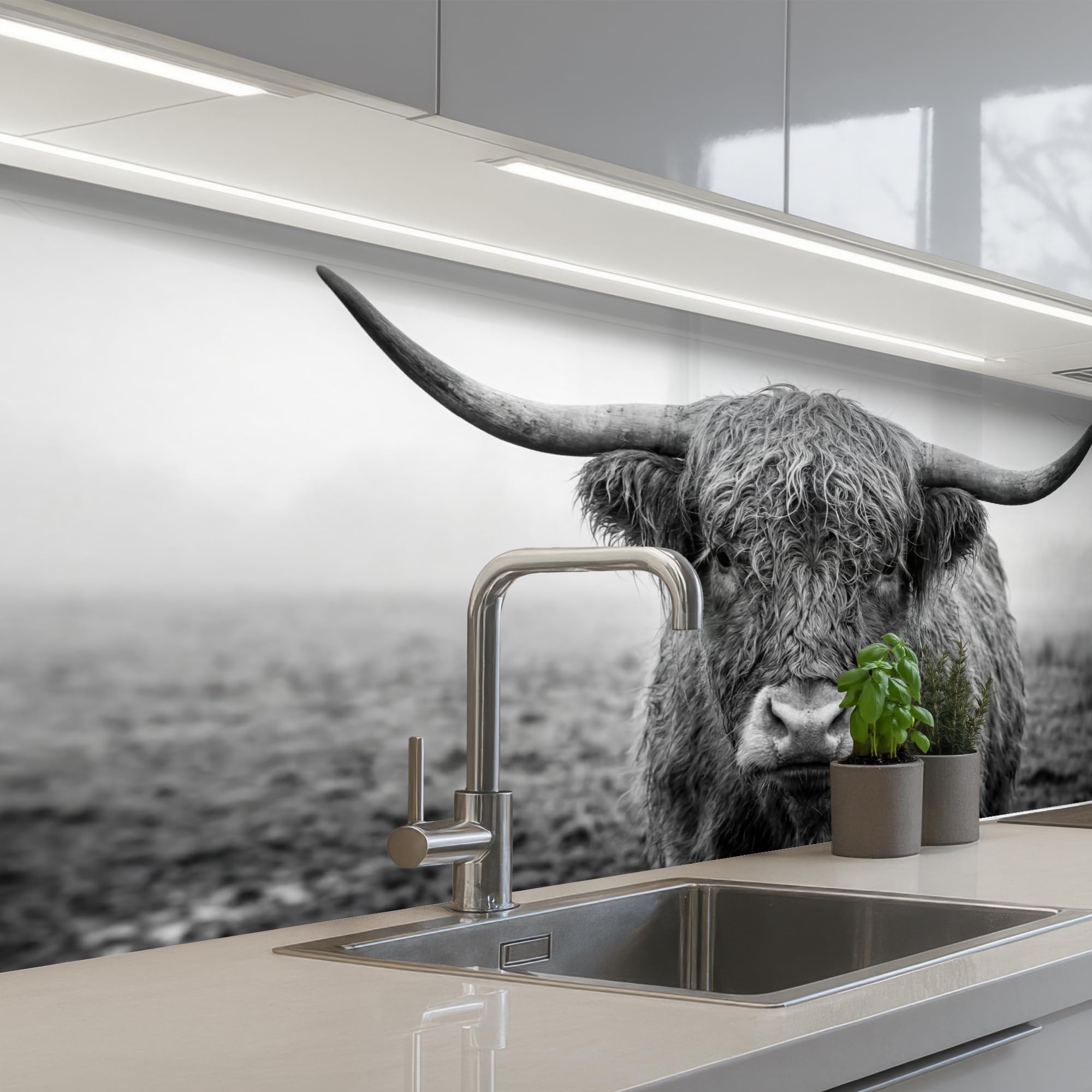 KitchenYeah© Splashback for kitchen 32"x59" / 80x150 cm self-adhesive Wall Protector Decor Panels Cooker Backsplash Scottish highlander - Black - White - Grass