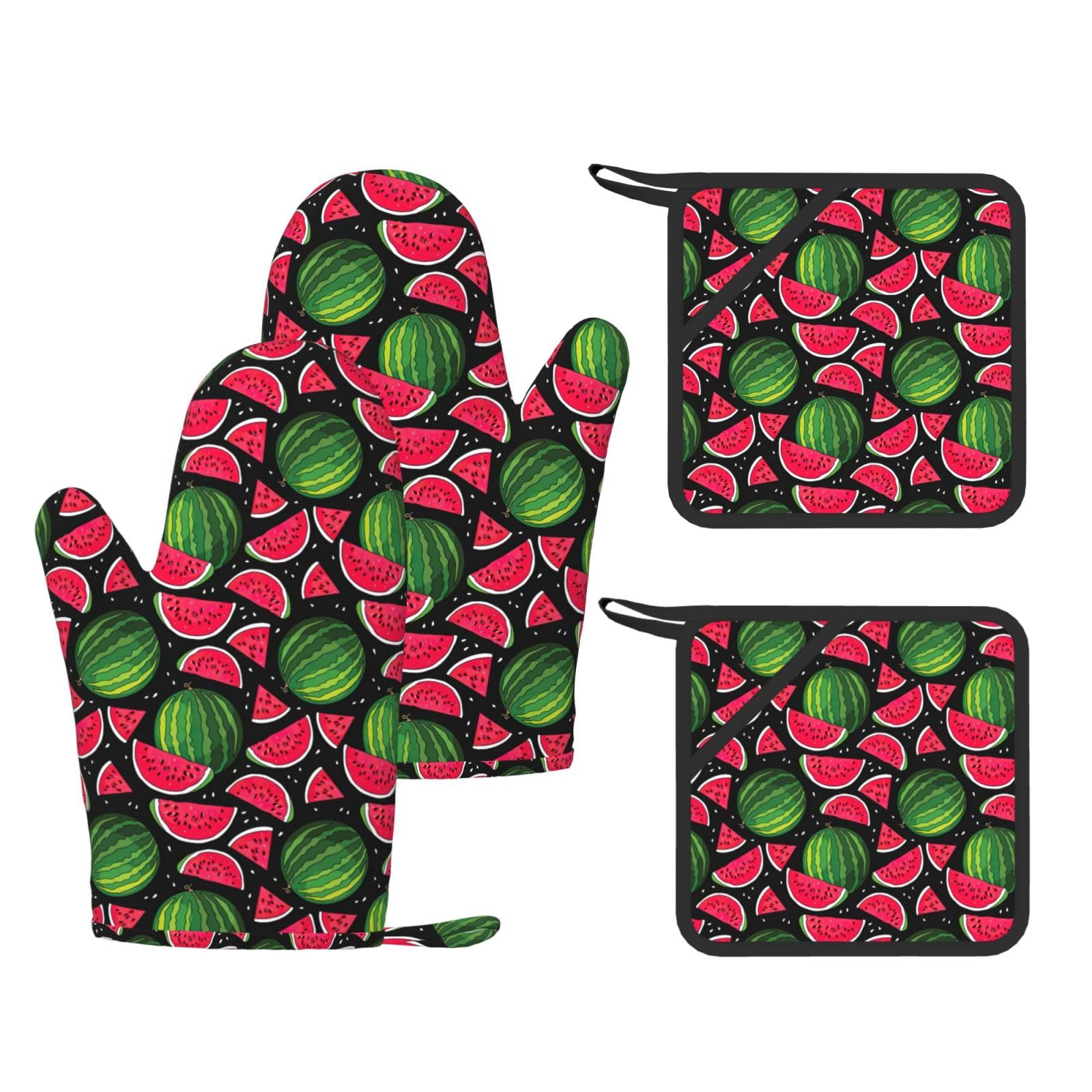 Nimongt Black Watermelon Print Heat Resistant Gloves Pads Reusable Kitchen Set Oven Baking Grilling Cooking