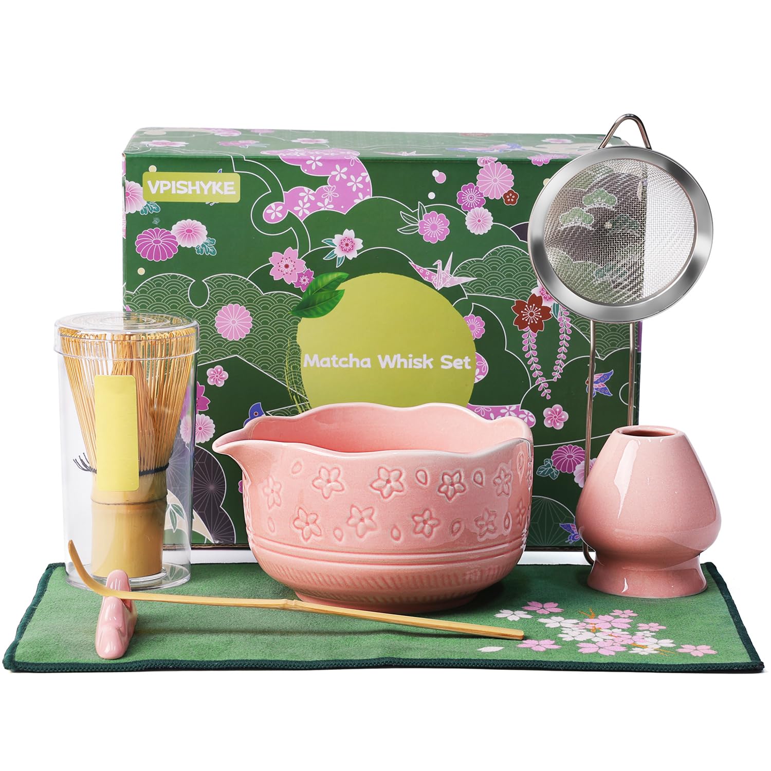 VPISHYKE Matcha Set, Matcha Tea Set 7-teiliges traditionelles Tee-Set mit Bambusbesen, Schale, Sieb & Zubehör – Perfekt für Matcha-Liebhaber（Dunkelblau）