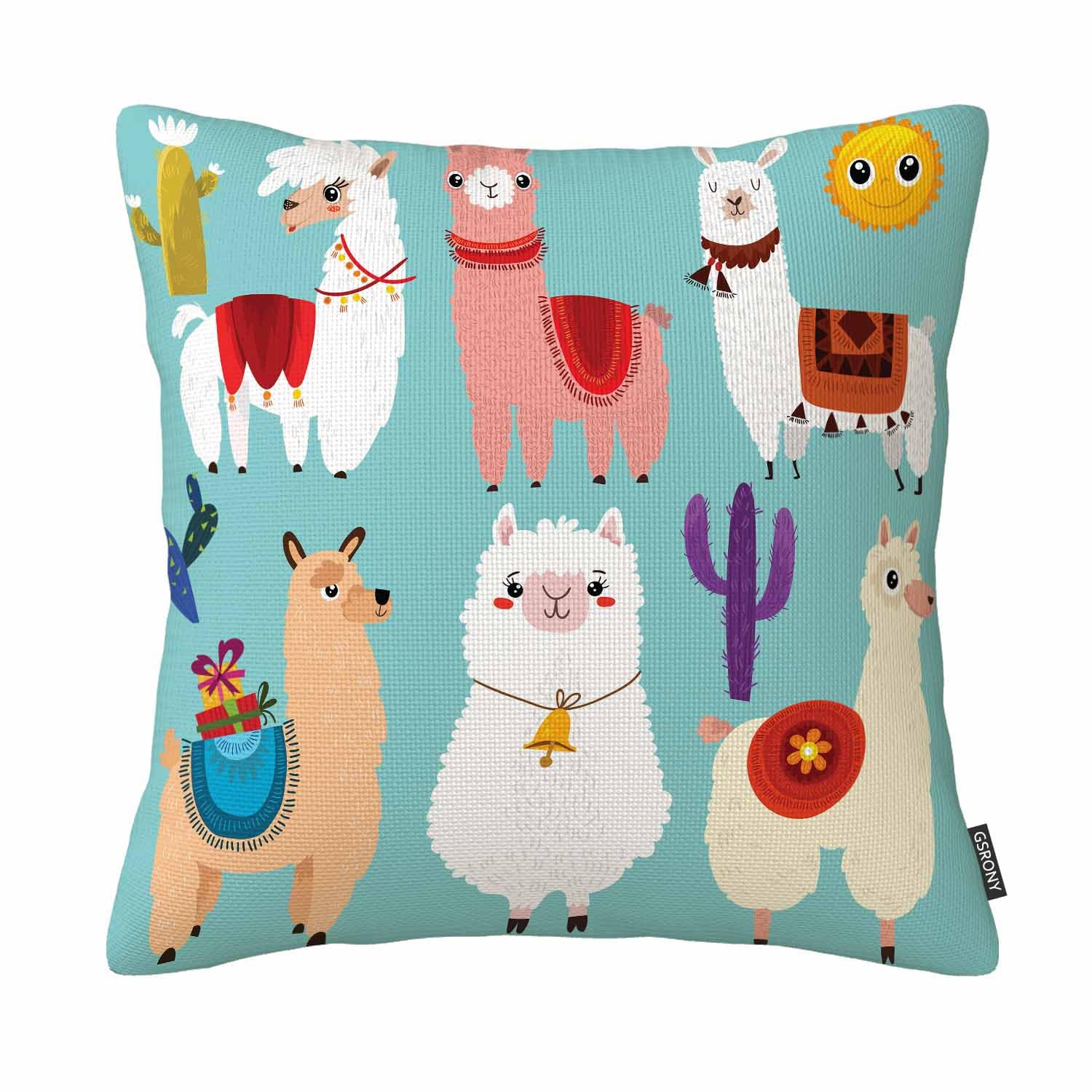 GSRONY Llamas Throw Pillow Covers Abstract of Cute Llamas Cartoon Characters Cushion Pillow Case Home Decor Pillowcase 18x18 Inches