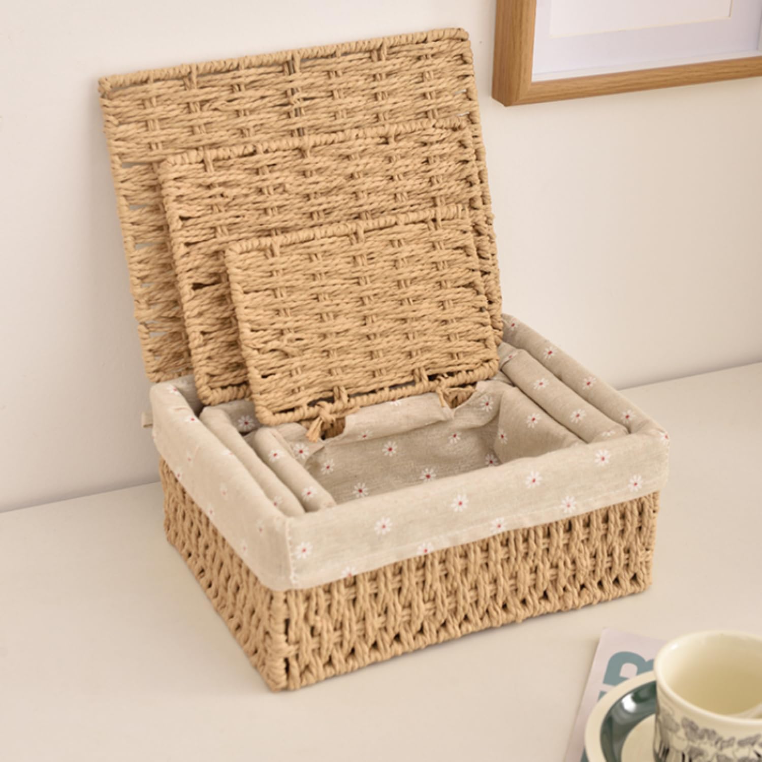OneDcor Set of 3 Wicker Storage Baskets with Lids – Handwoven Rattan Organizer Boxes for Home, Bathroom, Makeup, Office – Decorative Nested Woven Shelf Baskets for Storage & Organization (Beige)
