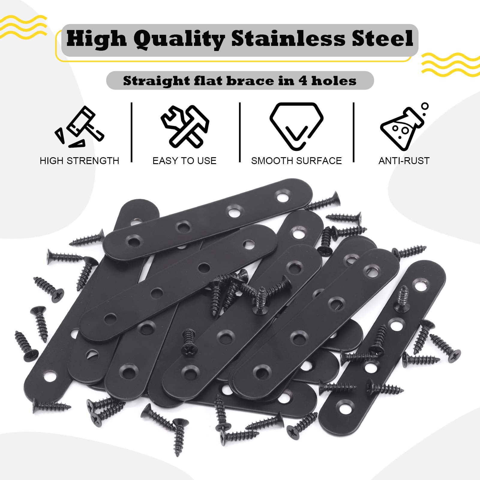Hilitchi Straight Bracket Stainless Steel Black Corner Braces Flat Brace Mending Repair Plates With Screw (130mm, 15 Pack) - Image 3