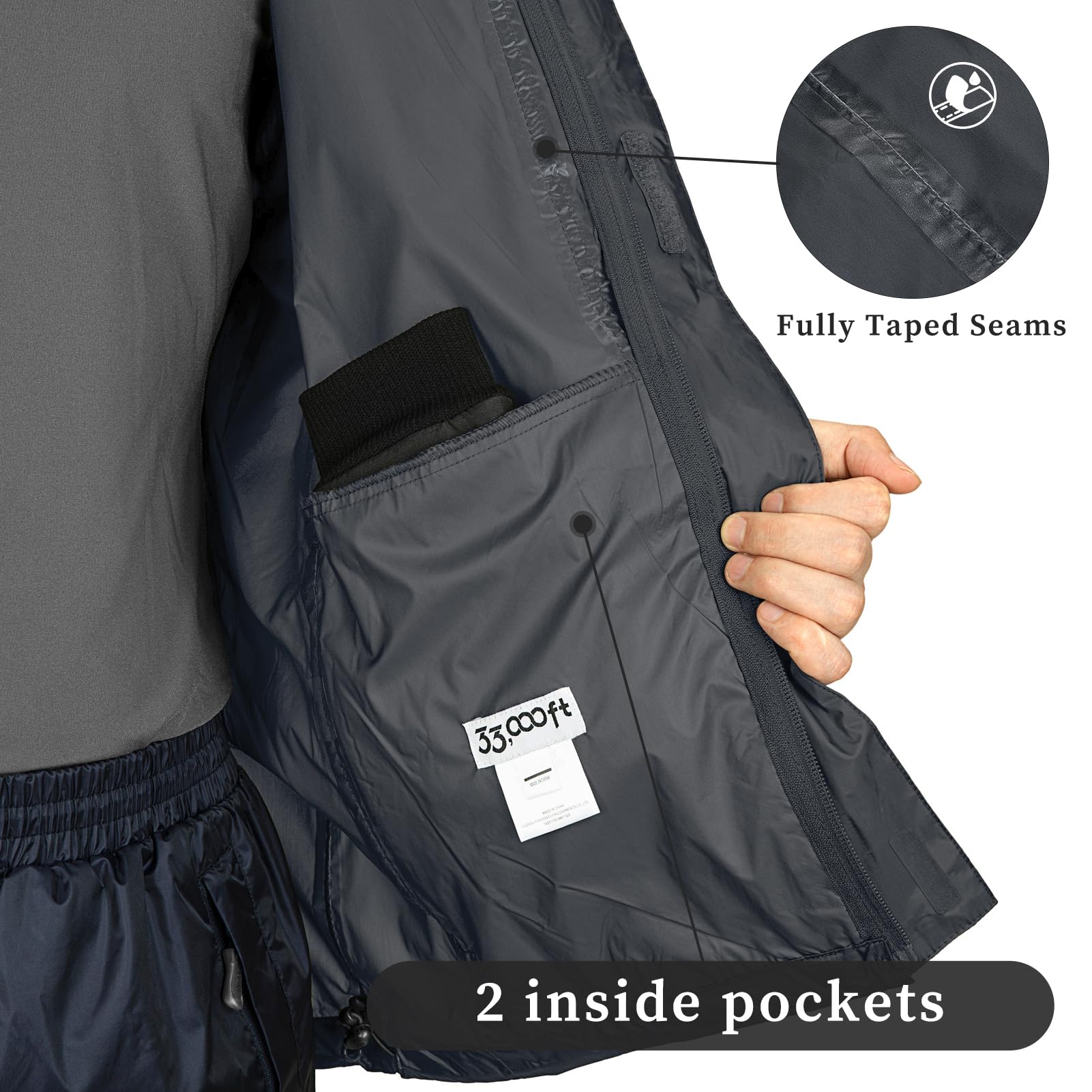 33,000ft Chaqueta impermeable plegable para hombre, ligera, impermeable, con capucha para golf, ciclismo, cortavientos, gris, XXX-Large