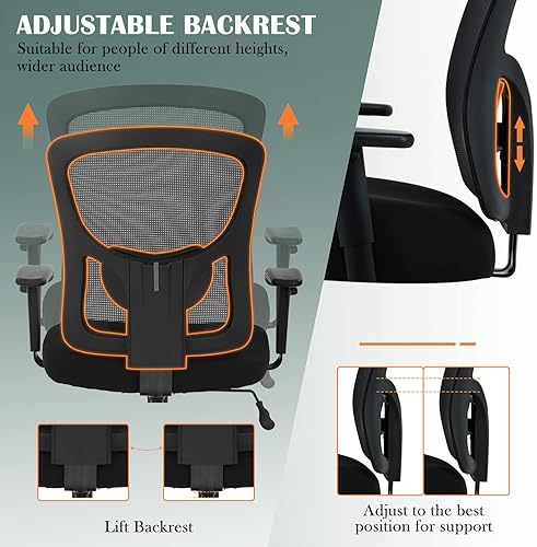 Miniatura 5 de Silla de oficina de malla de asiento ancho grande, 400 libras, ergonómica, con respaldo medio, giratoria, de malla negra, con soporte lumbar y