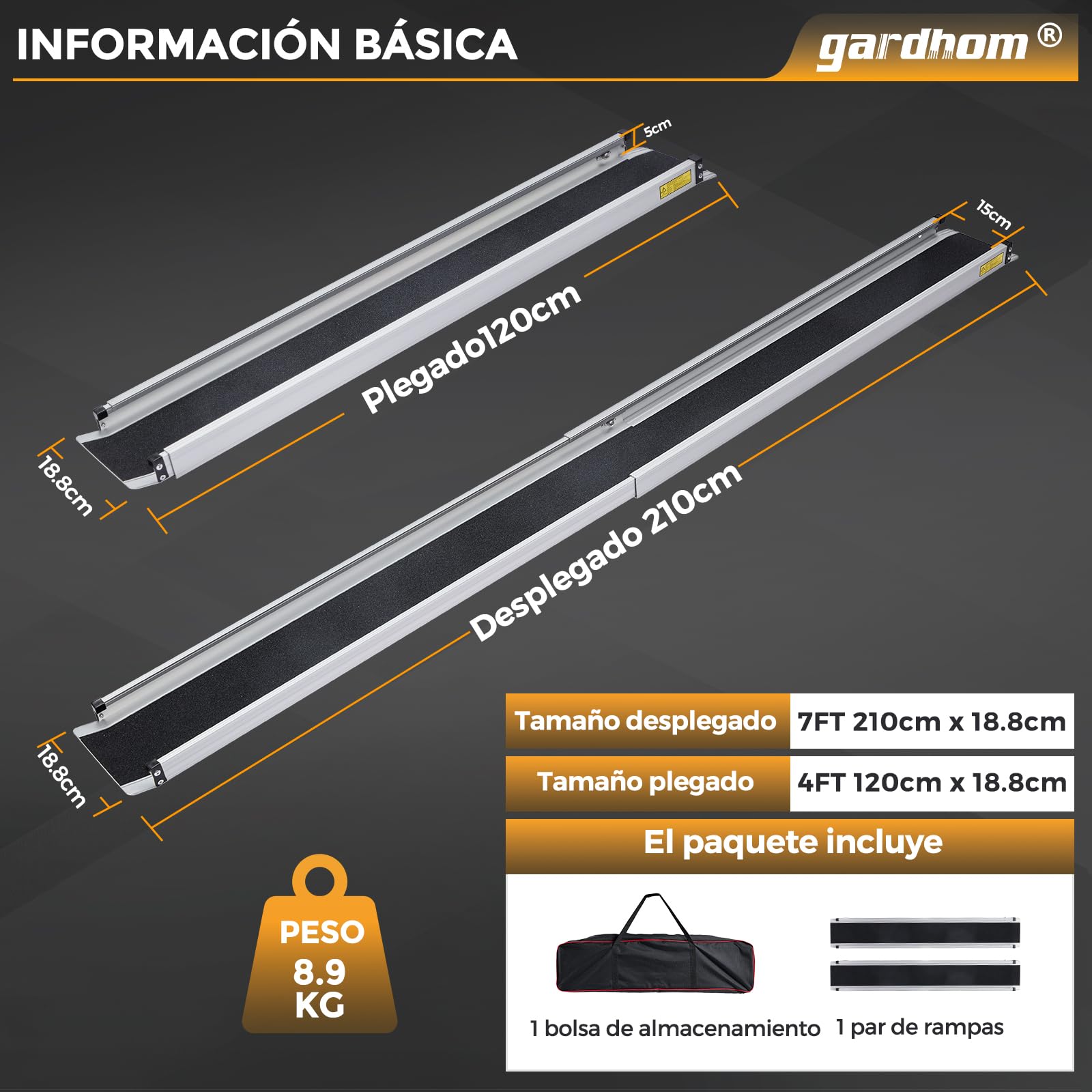 gardhom 2PCS Rampas Telescópicas para Silla de Ruedas de 120 a 213 cm, Rampa Portátil Ajustable para Silla de Ruedas de 272 kg, Rampas con Superficie Antideslizante Negra y Bolsa de Transporte
