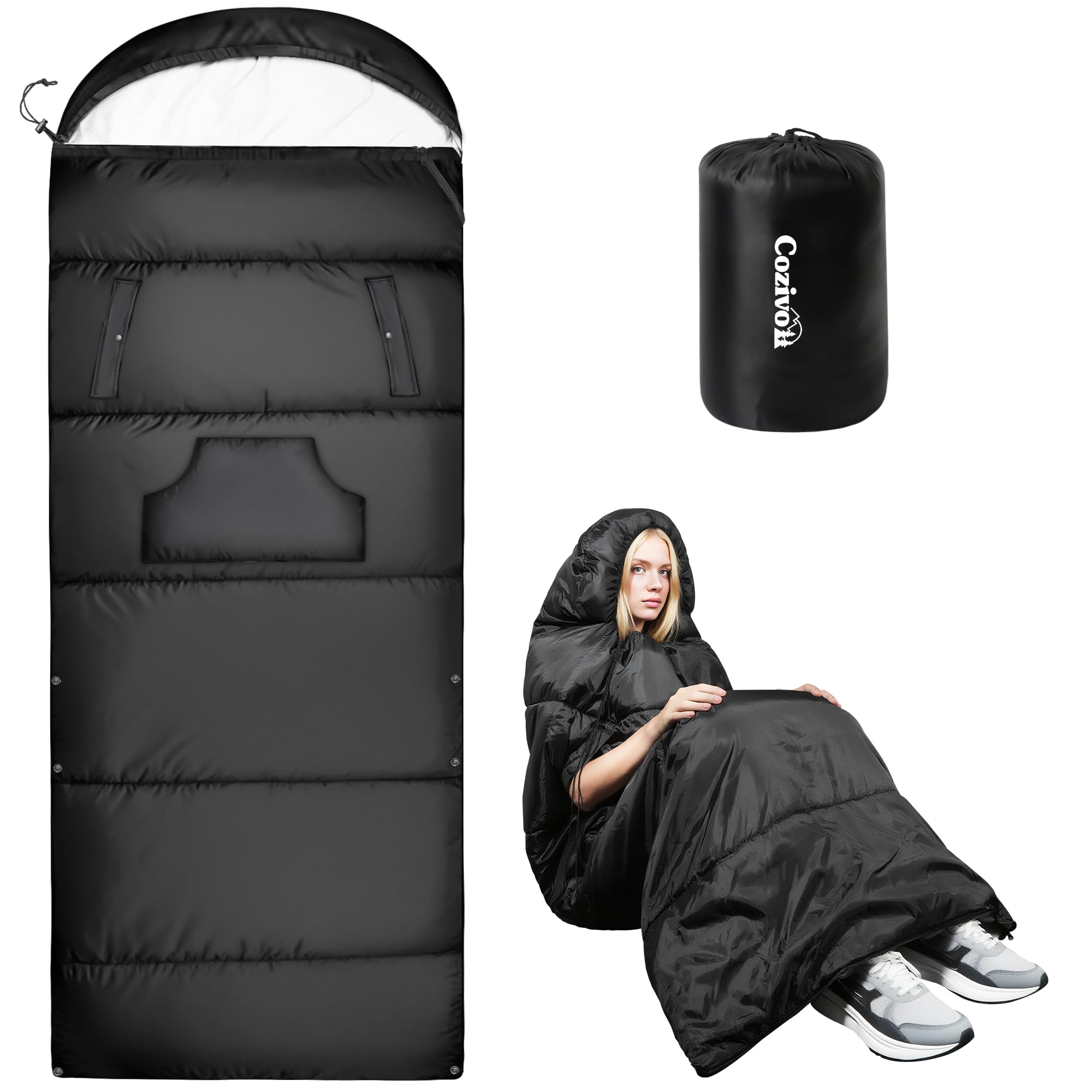 Adjustable Height Sleeping Bag for Adults - Wearable 3-Season Lightweight Waterproof with Arm Ports & Windproof Hood Design for Camping Hiking Backpacking(31.5“x87”)