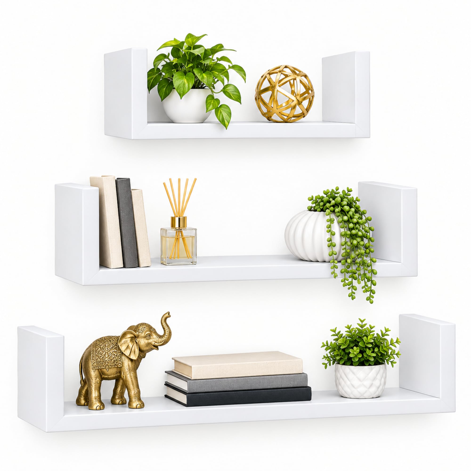 Optimal Set of 3 U-Shape Floating Shelves, East Installation, Wall Unit for any room, Pick from 4 colours (White)
