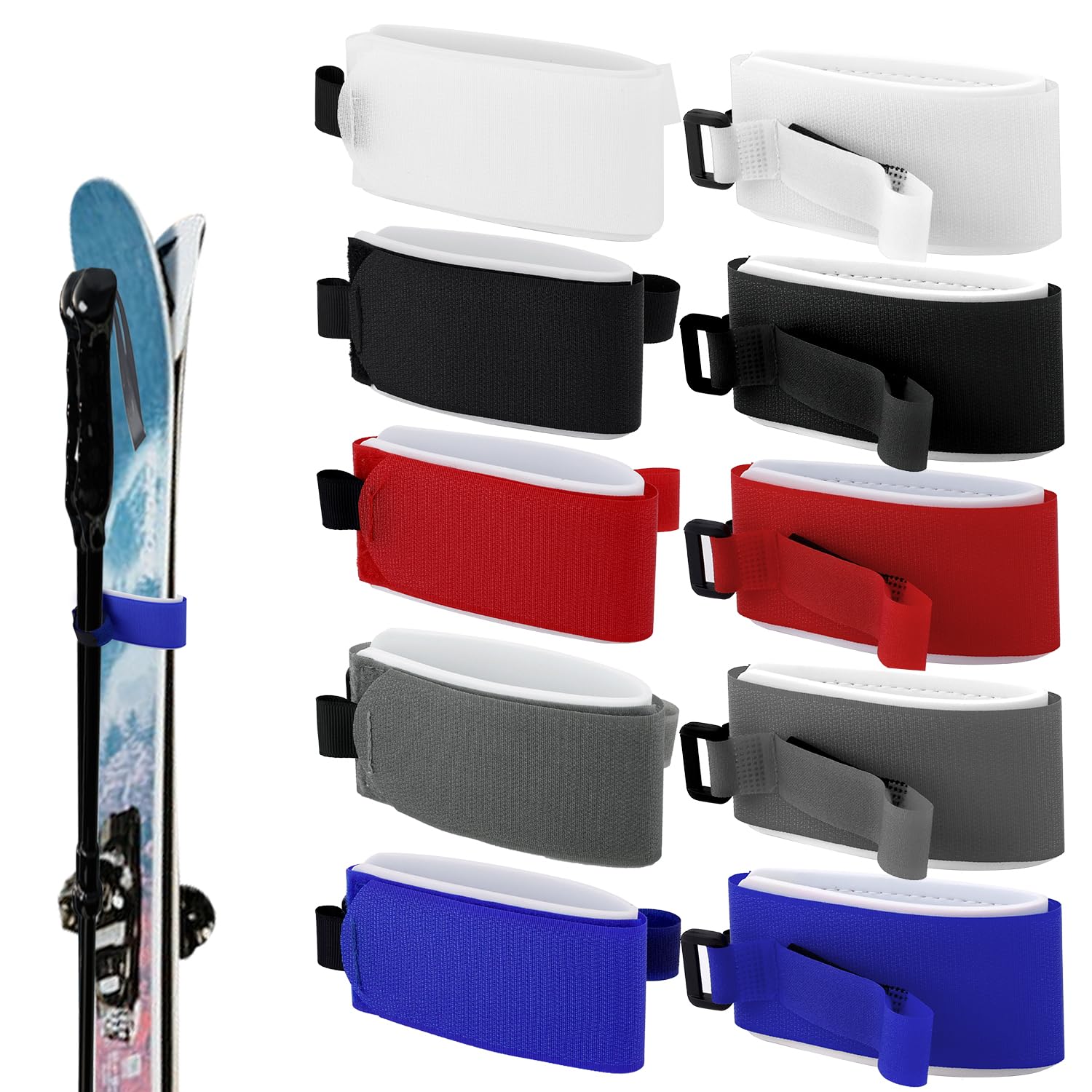 10pcs 2-In-1 Ski Carrying Strap for Snowboard Poles - Adjustable EVA Wraps Ties, Protective Bands for Storage, Gear Organizer, Christmas Winter Gift Accessories (5 Dark Colors)