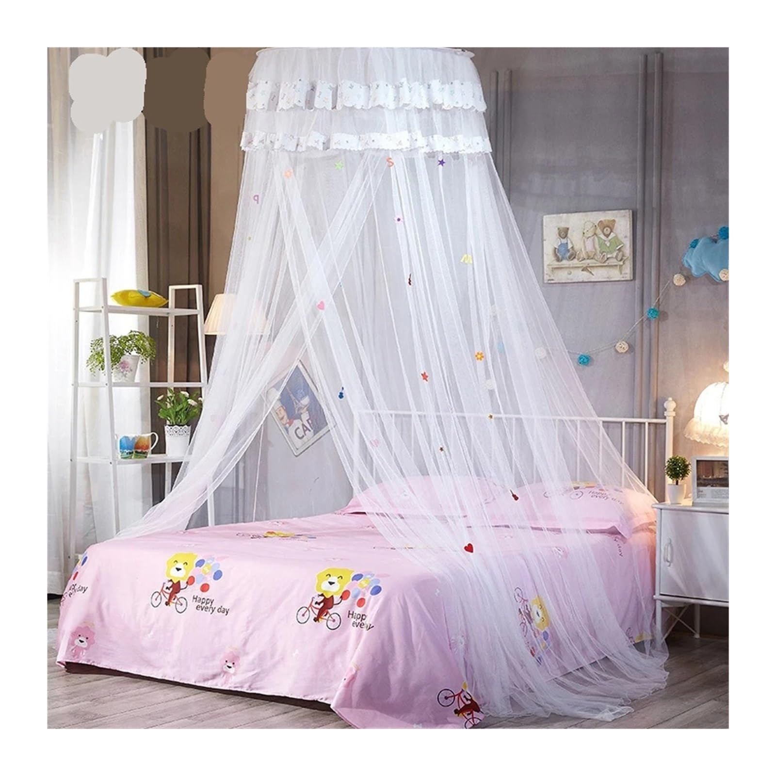 KiddiBubzi 1.5m Cartoon Dome Hanging Bed Canopy Encryption Heightened Ceiling Lace Lace Princess Dome Floor Bed Canopy(1.5m White 1PC)