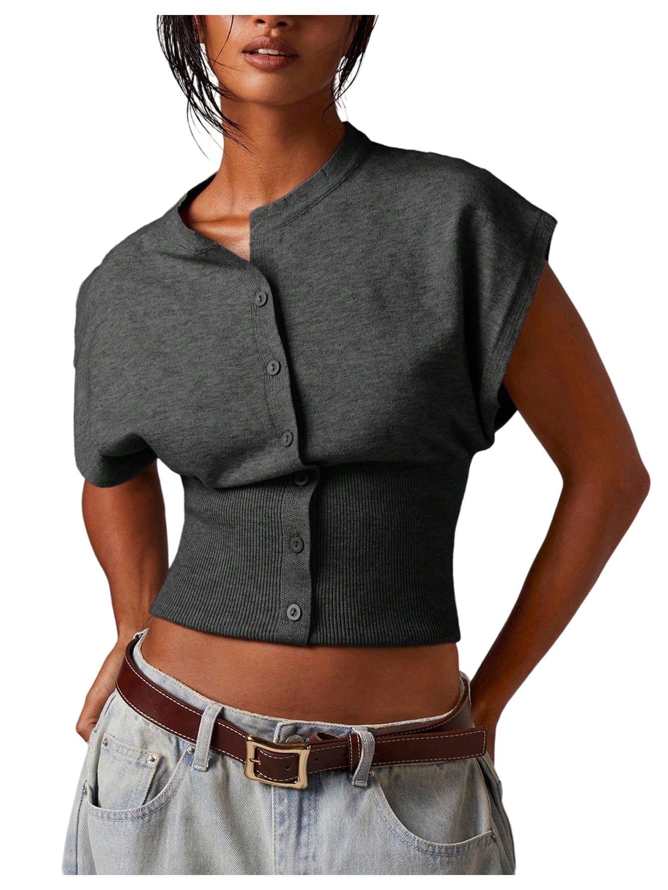 WDIRARA Womens Button Down Sweater Vests Mock Neck Cap Sleeve Knitwear Tops
