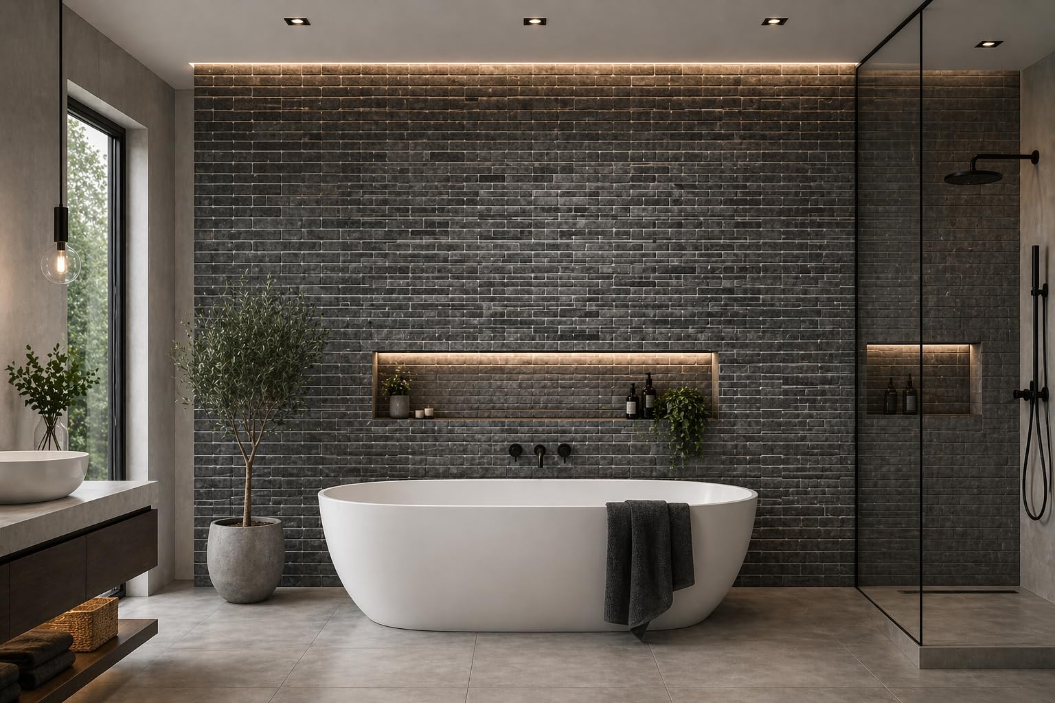 Shower Panel 1000mm Wide x 2.4m Wet Wall Bathroom Cladding PVC 10mm Thick (Grey Brick Matt 1m)