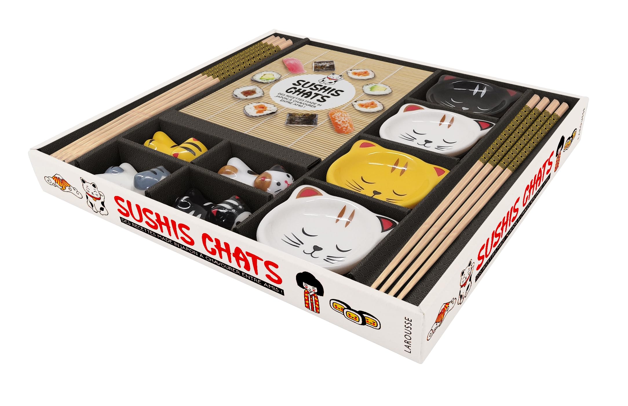 Sushis chats: Coffret avec 4 coupelles, 4 repose-baguettes, 4 paires de baguettes et 1 livret de recettes