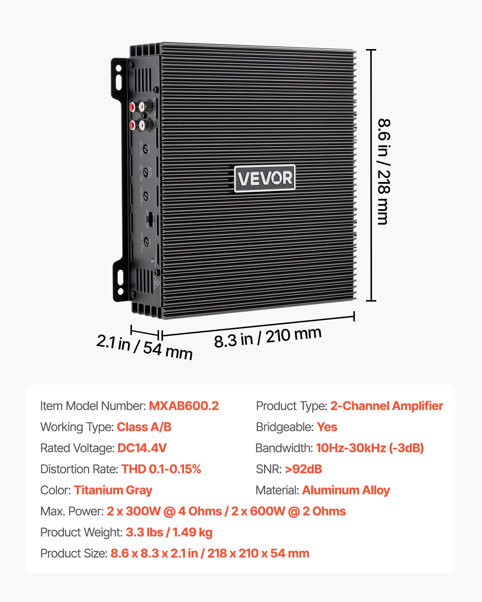 VEVOR Amplificateur Audio Voiture, Amplificateur Stéréo à 2 Canaux Pontables, Classe AB à Gamme Complète Max. 2x300 W sous 4 ohms/2x600 W sous 2 ohms, Ampli de Puissance pour SUV, MPV et Tout-Terrain