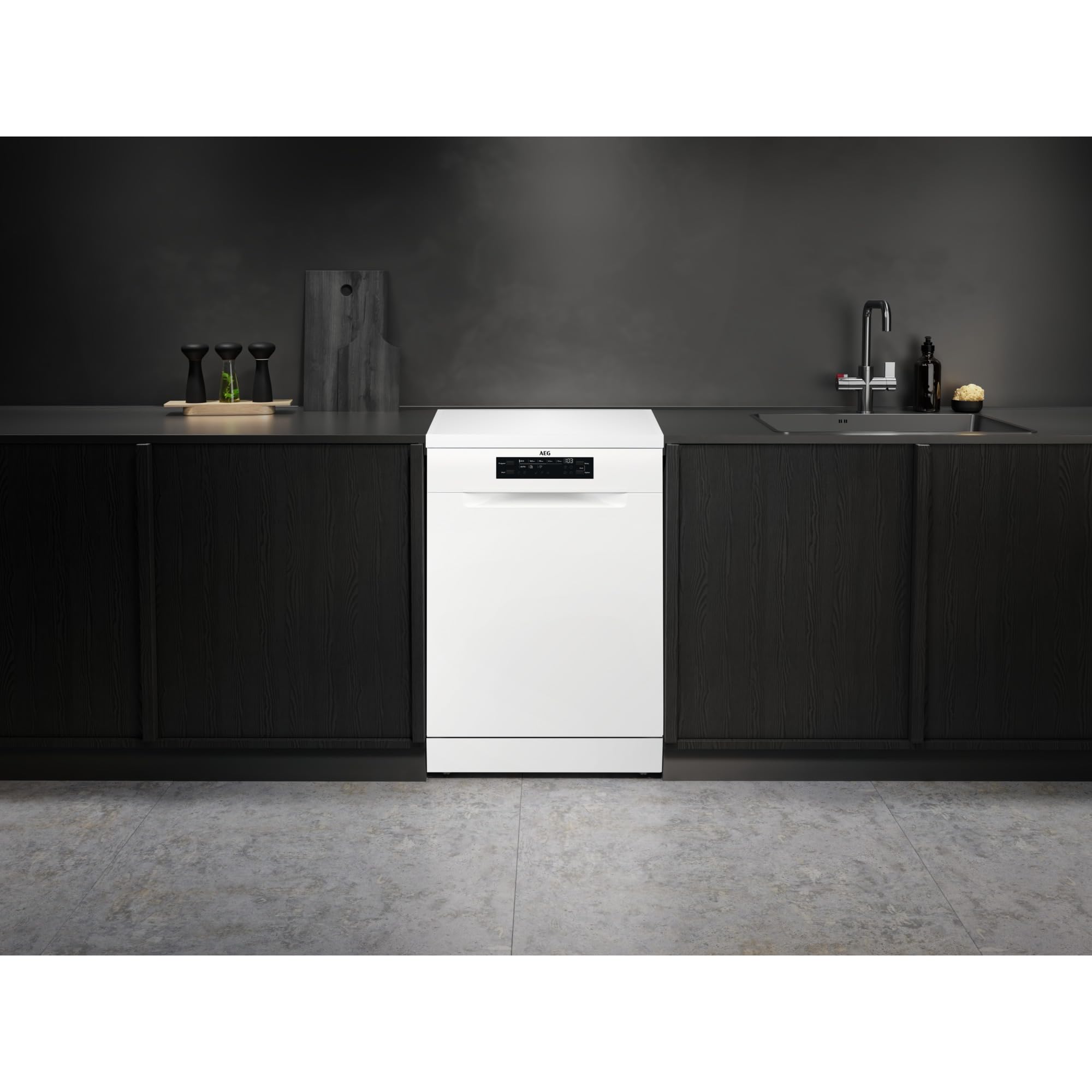 AEG FFB74917ZW Lavavajillas de 60 cm, 14 cubiertos, Sistema AirDry, Display XL, Con 3ª Bandeja para Cubiertos MaxiFlex, Función Extrahigiene, Softspikes, 44 dB(A), Blanco, Clase C