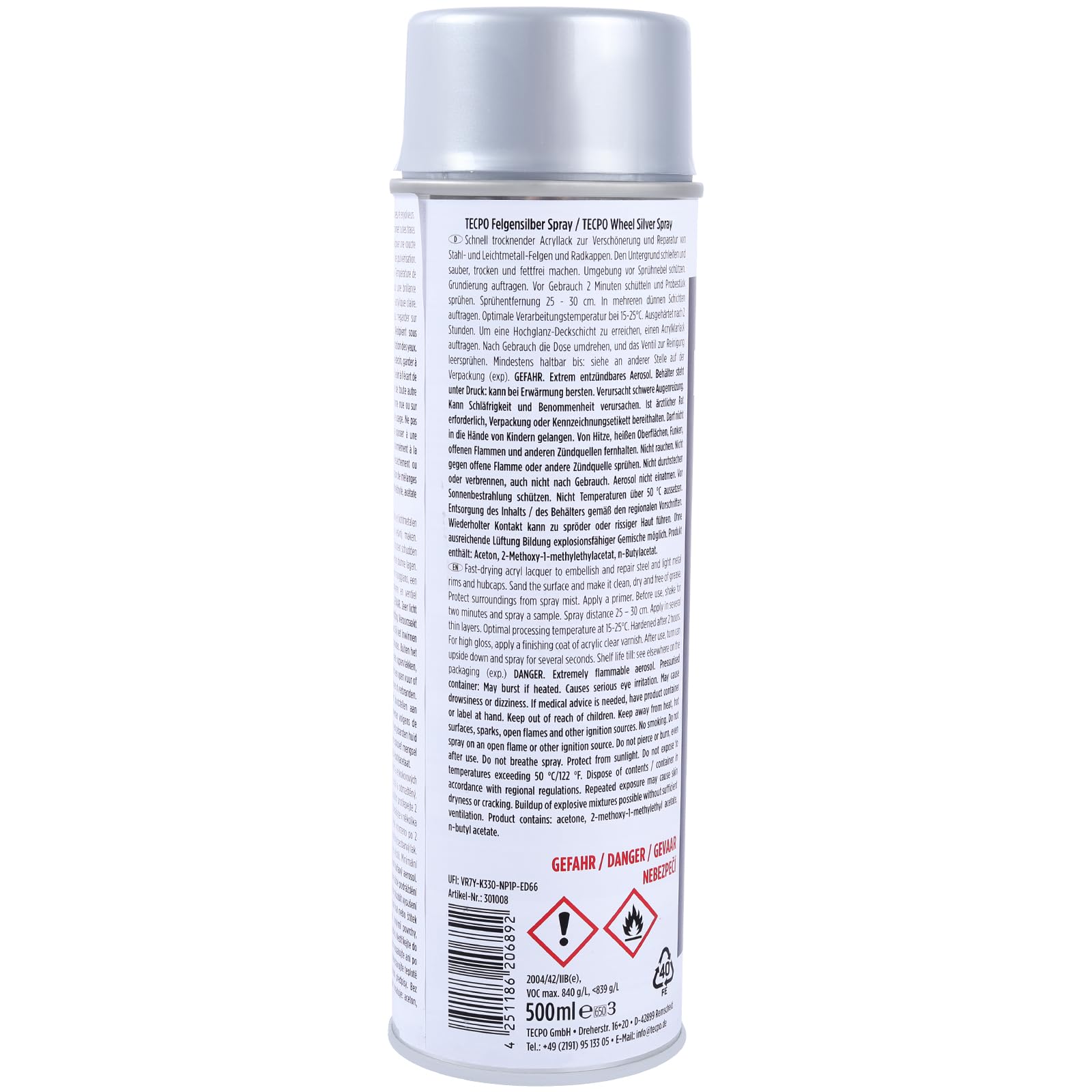 TECPO Felgensilber-Spray, 8x 500ml Schnell Trockend Felgenlack auf Acrylbasis für Reparatur von Stahl und Leichtmetall