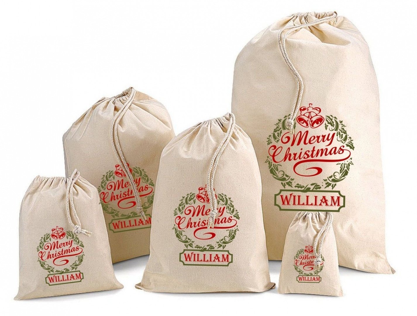 Rhino and Mugsy PERSONALISED SANTA SACK - Christmas Wreath Design Available in 5 Sizes (Sack 75 x 49cm)