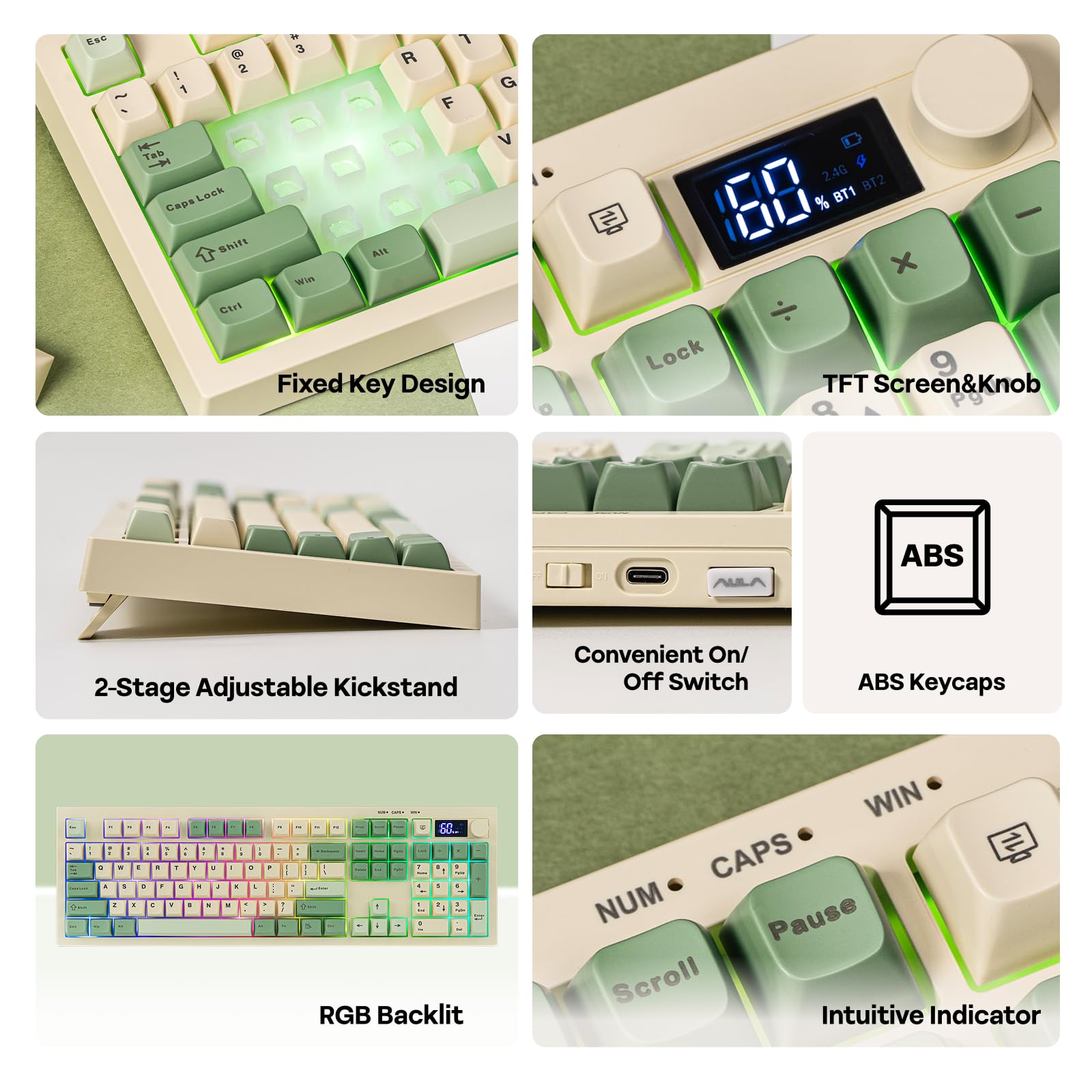 EPOMAKER Aula S102 PRO Membrane Gaming Keyboard with TFT Screen, Volume Knob & Number Pad, BT/2.4G/USB, RGB Backlit, Creamy Silicone Structure, Silent Keyboard for PC Game/Office (Yellow) - 4