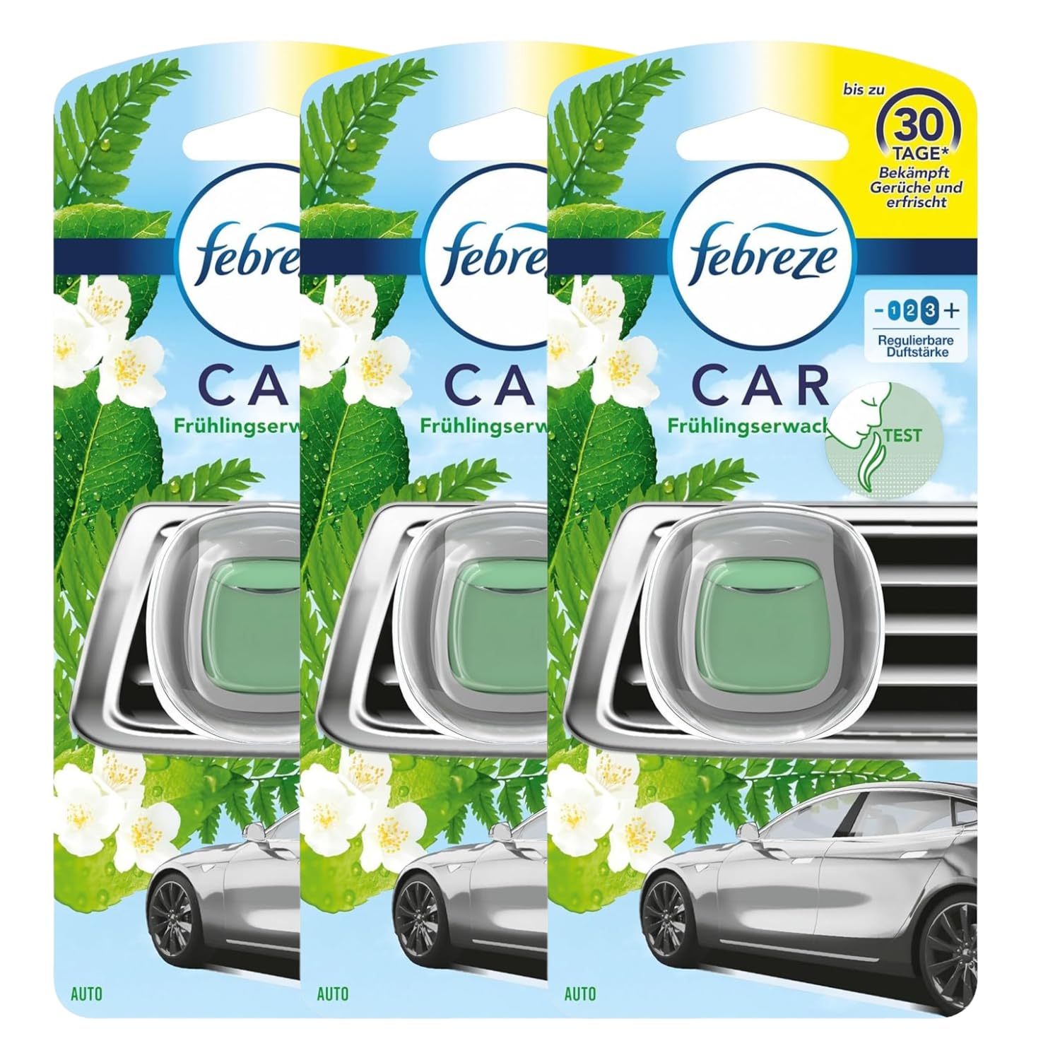 3x Febreze Car Lufterfrischer Frühlingserwachen je 2ml entfernt Gerüche im Auto