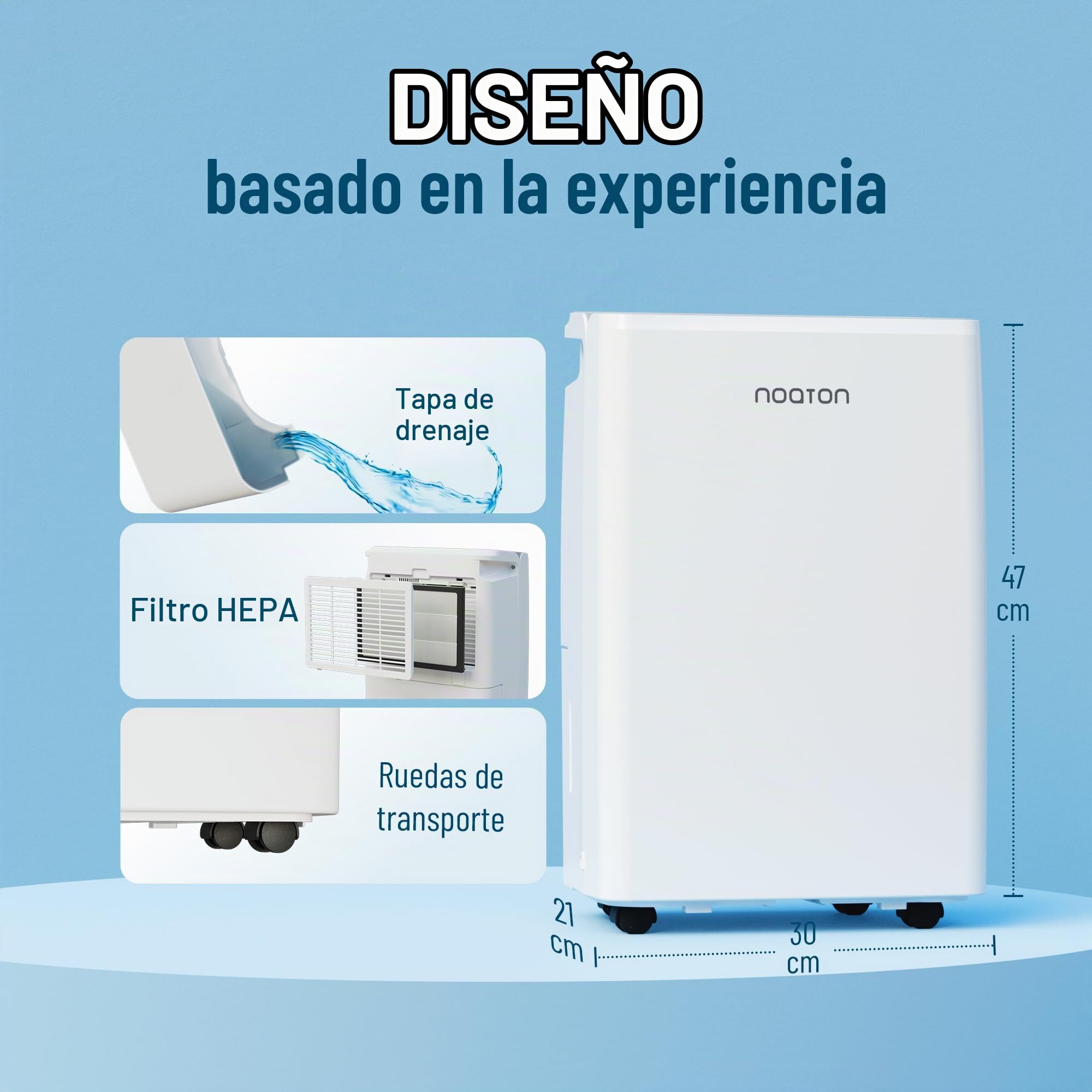Noaton® DF 4220 WiFi HEPA Deshumidificador 20L/ Día, hasta 70 m2, Purificación del Aire, Control Wifi, Pantalla LED, Apagado Automático, Depósito extraíble 2,2 L, Drenaje continuo, Secadora de Ropa