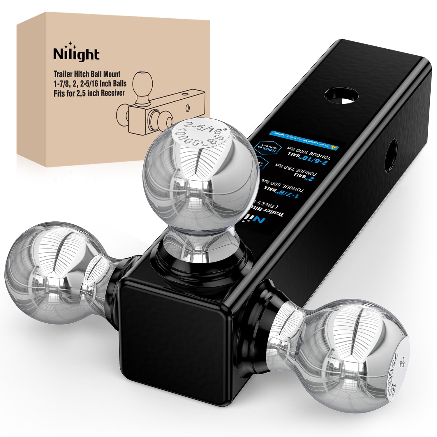 Nilight Multi-Ball Trailer Hitch Ball Mount, 1-7/8, 2, 2-5/16-Inch Balls, Triple Ball Mount fits 2-1/2-Inch Hitch Receiver, Chrome Plating