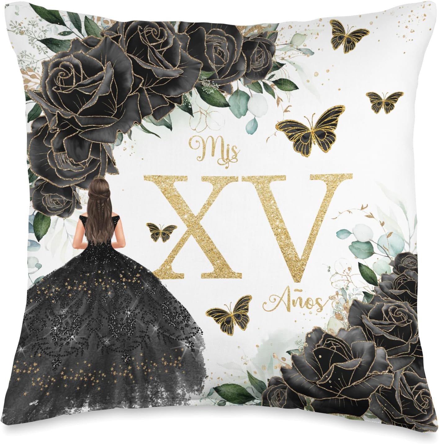 Chic Black Floral Butterflies Quinceañera Mis XV 15 Años Throw Pillow