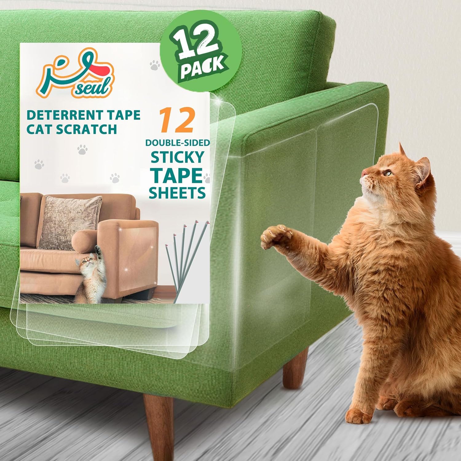 Pseul 12-Pack Cat Scratch Deterrent Tape β Double Sided Anti Scratching Sticky Tape, Scratch Furniture Protector β Cat Training Tape - Corner Couch Protector for Cats