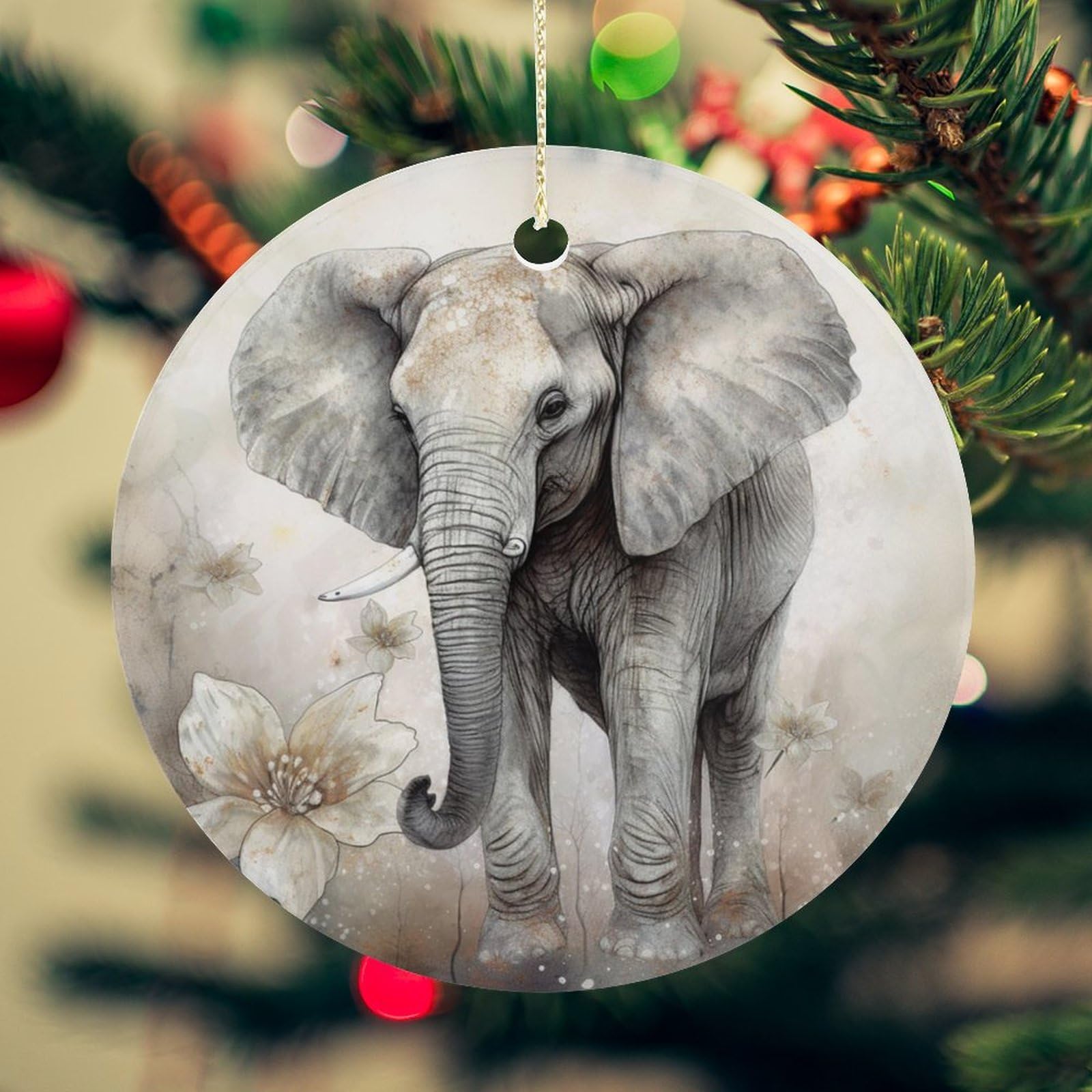 Animals Cute Elephant Christmas Ornament for Christmas Tree Ceramic Round Ornament Winter Holiday Keepsake Gift 2.7" Christmas Tree Hanging Decorations Circle Ceramic Pendant Xmas Gift
