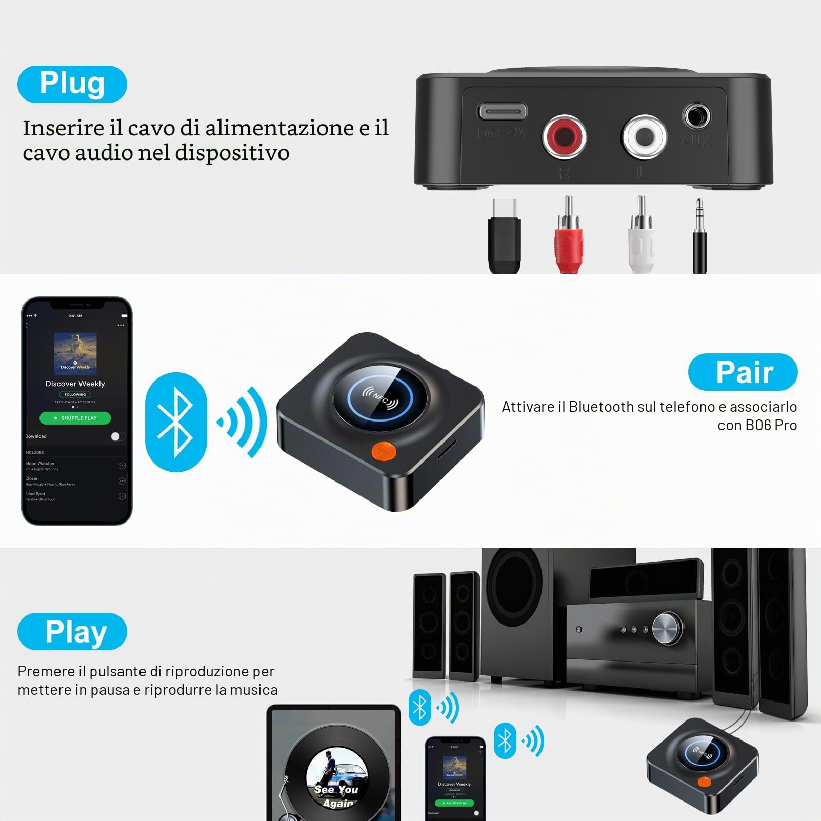 eppfun Ricevitore Bluetooth 5.3 HiFi Adattatore Audio RCA AUX Jack 3.5mm per Stereo Casa