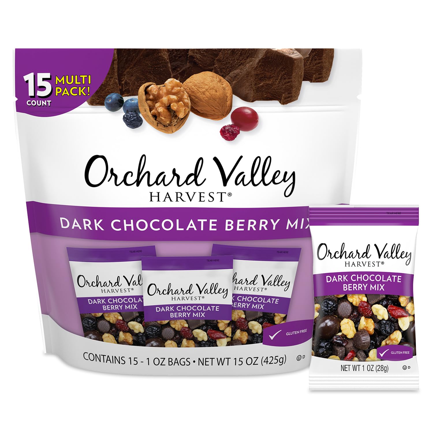 Dark Chocolate Berry Mix, 1oz Snack Packs 15 Count – Walnuts, Sweetened Cranberries, Dark Chocolate Cherries, Blueberries, Gluten-Free, 2g Fiber, Chocolate Covered Berries